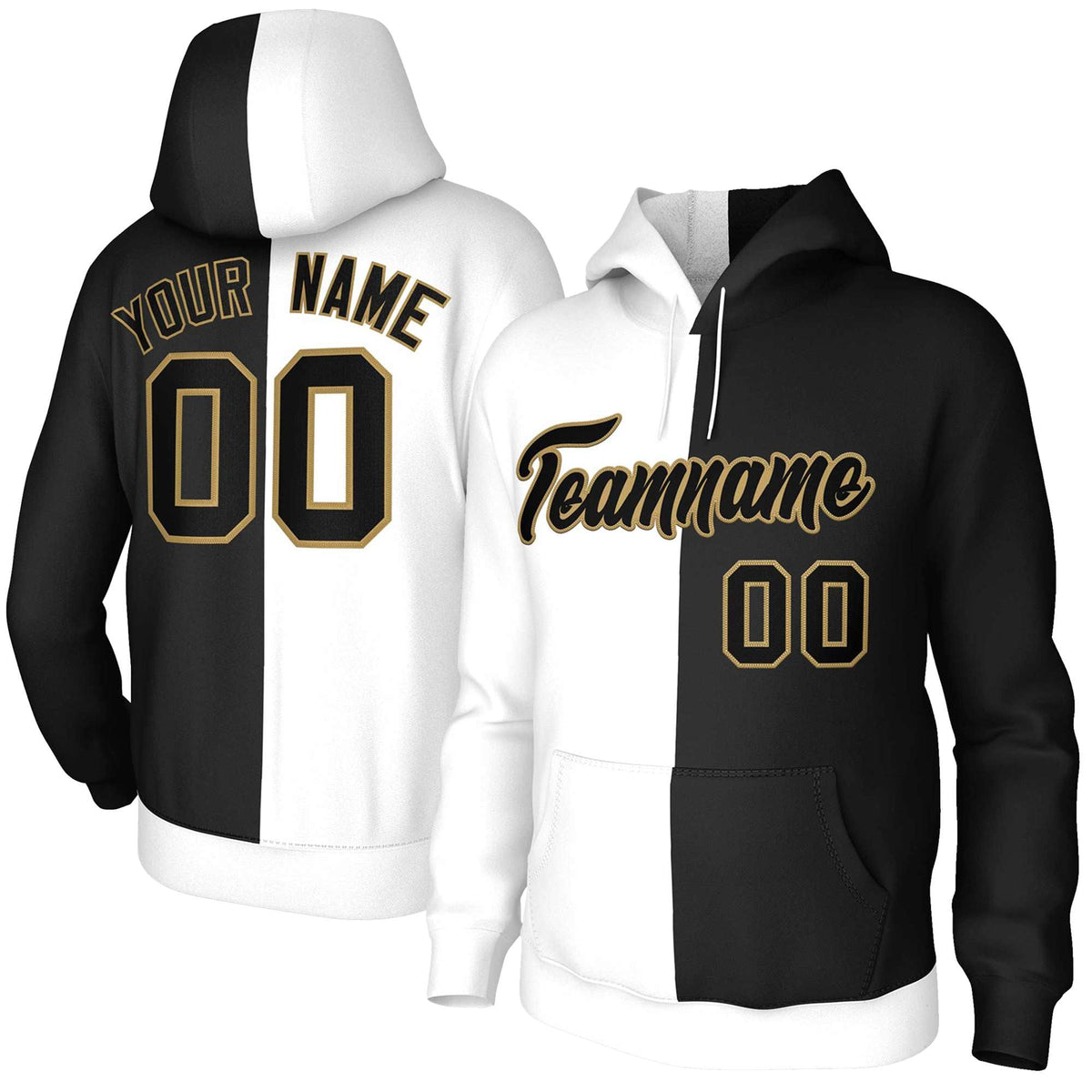 Custom White Black-Old Gold Split Fashion Stitched Sportwear Pullover Hoodie