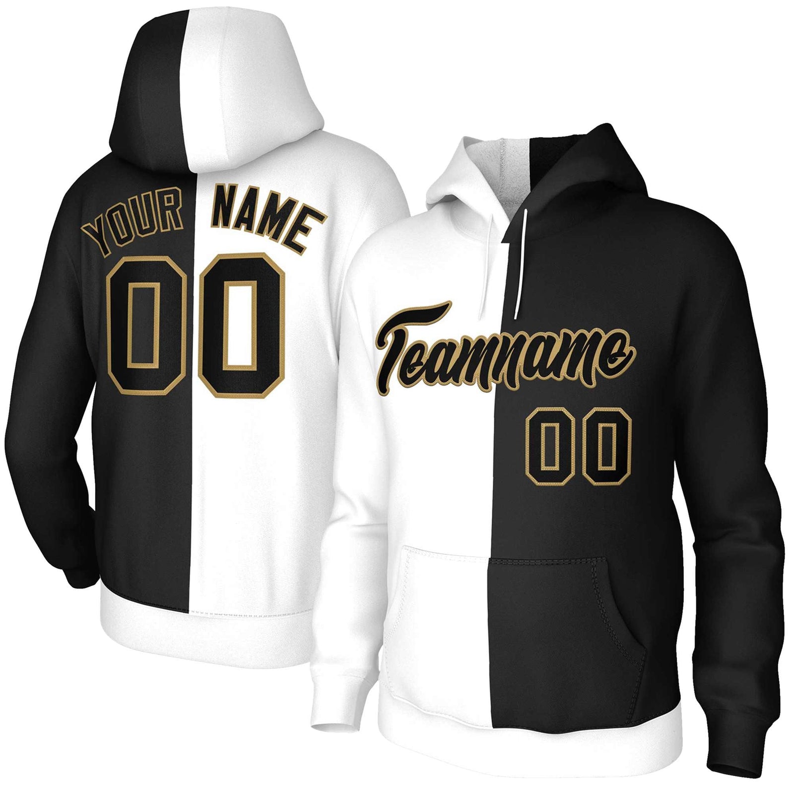 Custom White Black-Old Gold Split Fashion Stitched Sportwear Pullover Hoodie