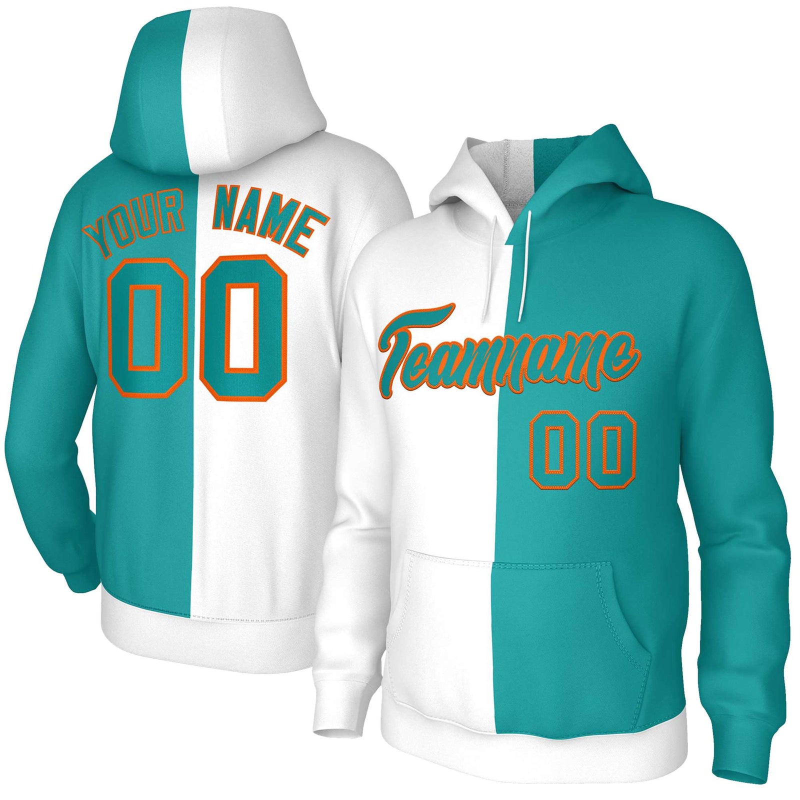 Custom White Aqua Aqua-Orange Split Fashion Stitched Sportwear Pullover Hoodie
