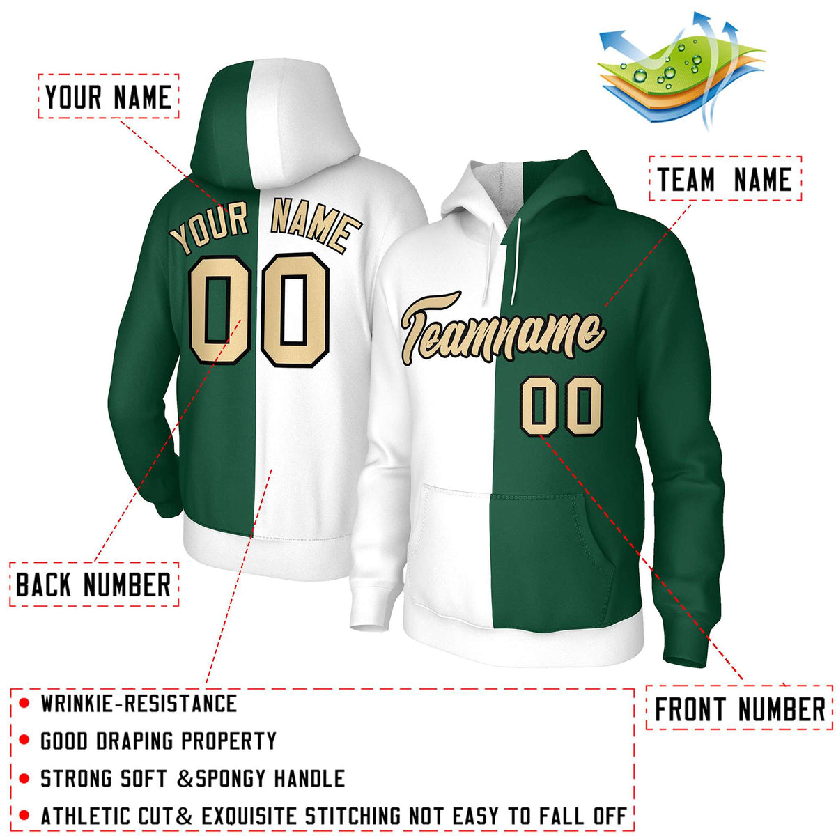 Custom White Green Khaki-Black Split Fashion Stitched Sportwear Pullover Hoodie