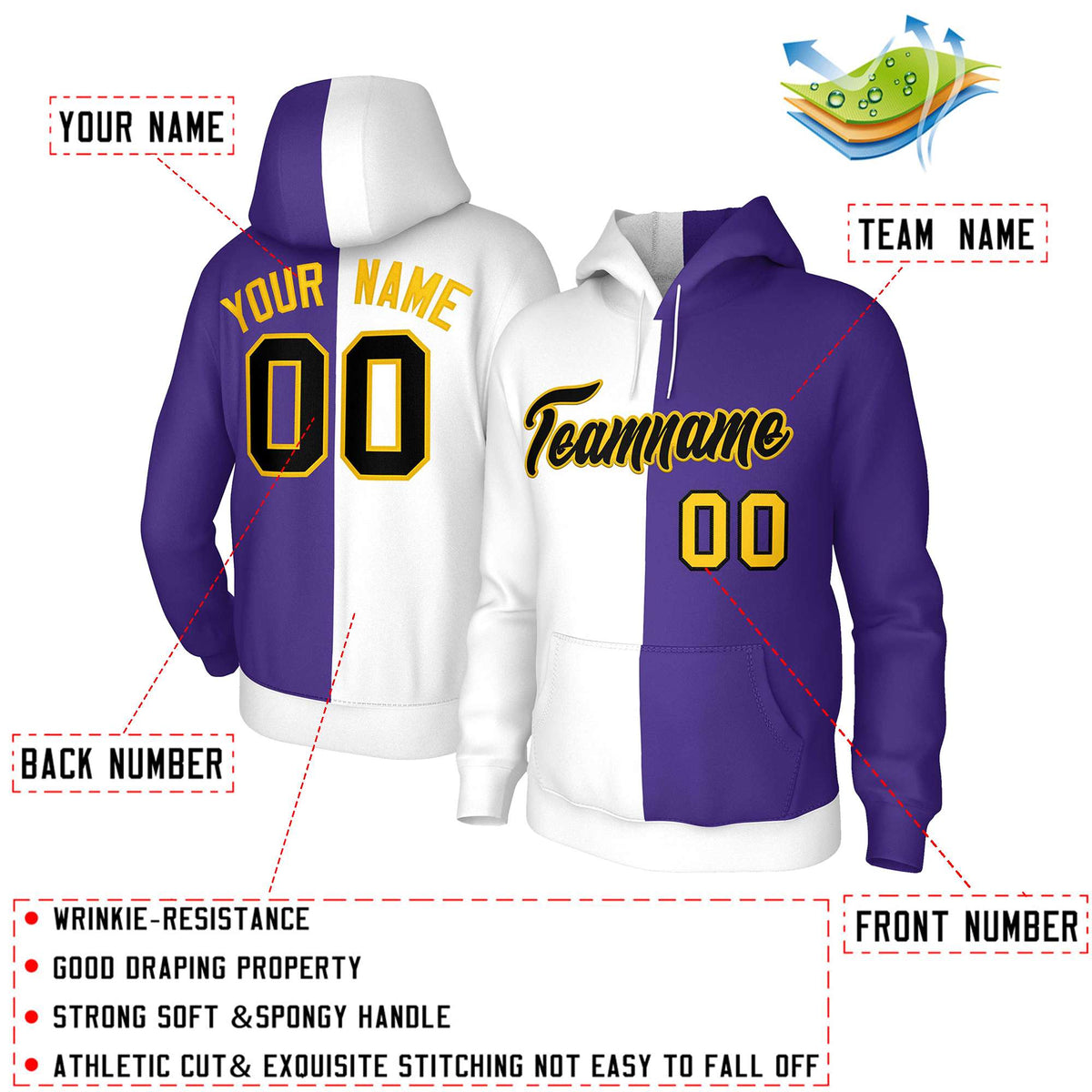Custom White Purple Black-Gold Split Fashion Stitched Sportwear Pullover Hoodie