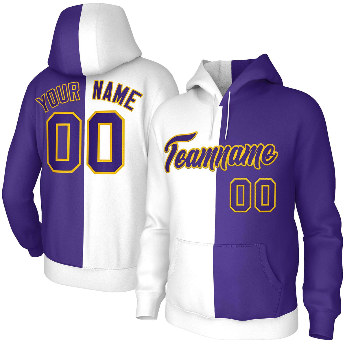 Custom White Purple-Gold Split Fashion Stitched Sportwear Pullover Hoodie