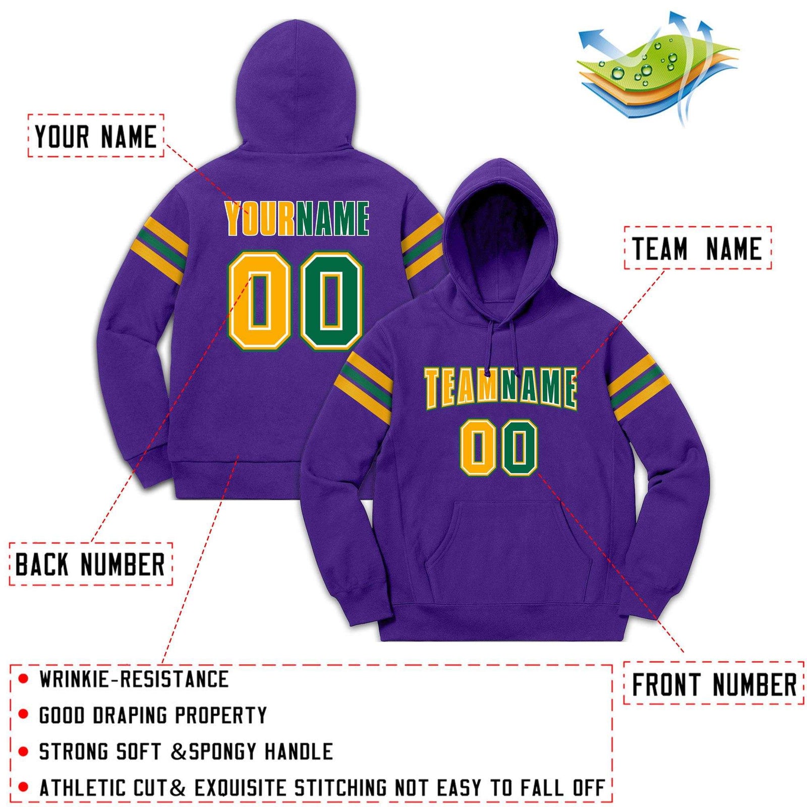Custom Stitched Purple Yellow-Kelly Green Cotton Pullover Sweatshirt Hoodie