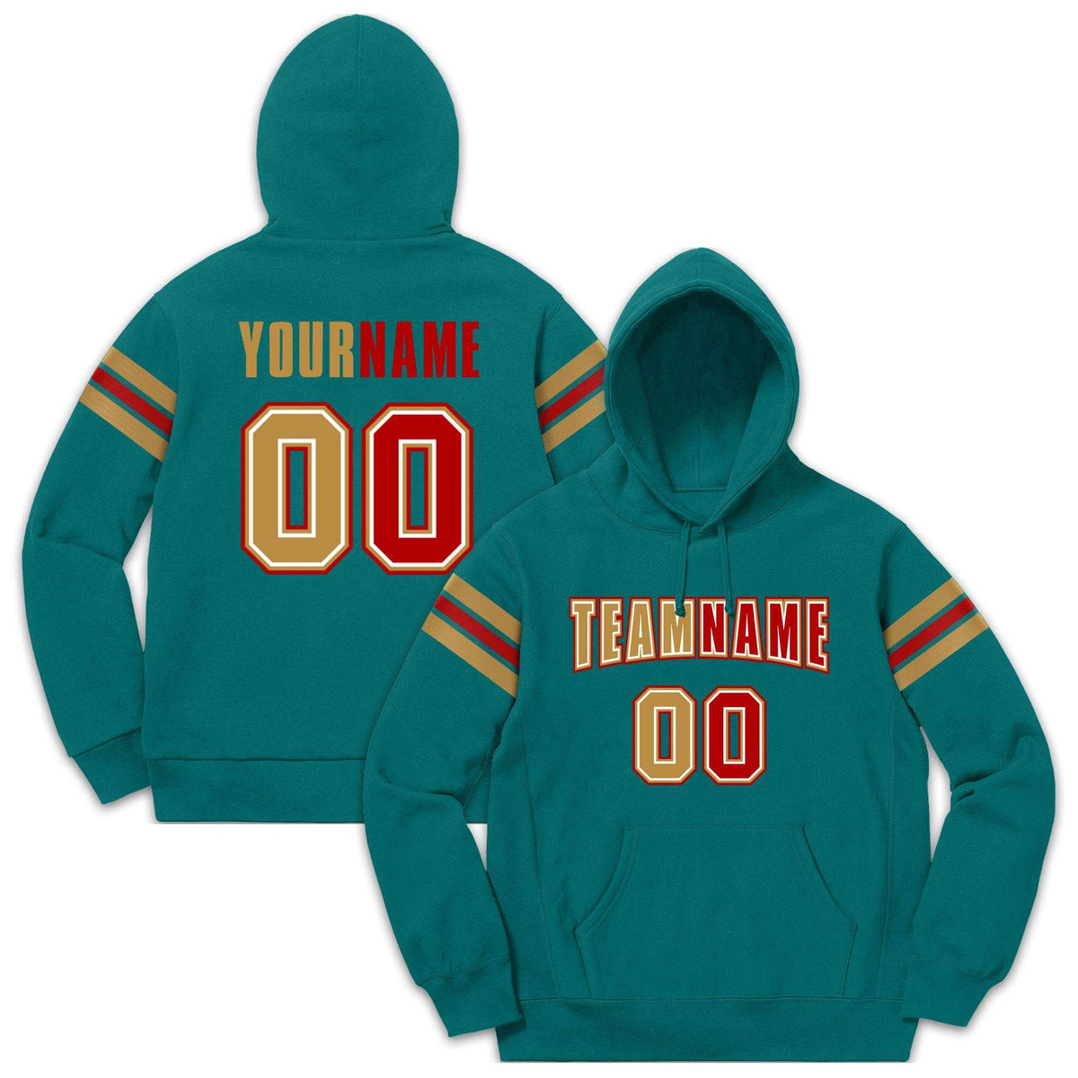 Custom Stitched Aqua Old Gold-Red Cotton Pullover Sweatshirt Hoodie
