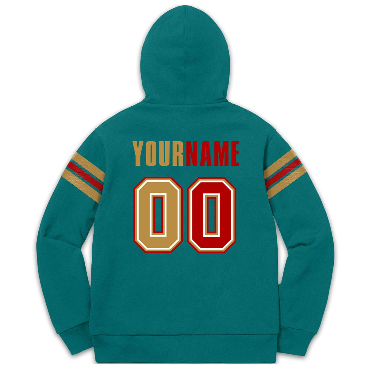 Custom Stitched Aqua Old Gold-Red Cotton Pullover Sweatshirt Hoodie