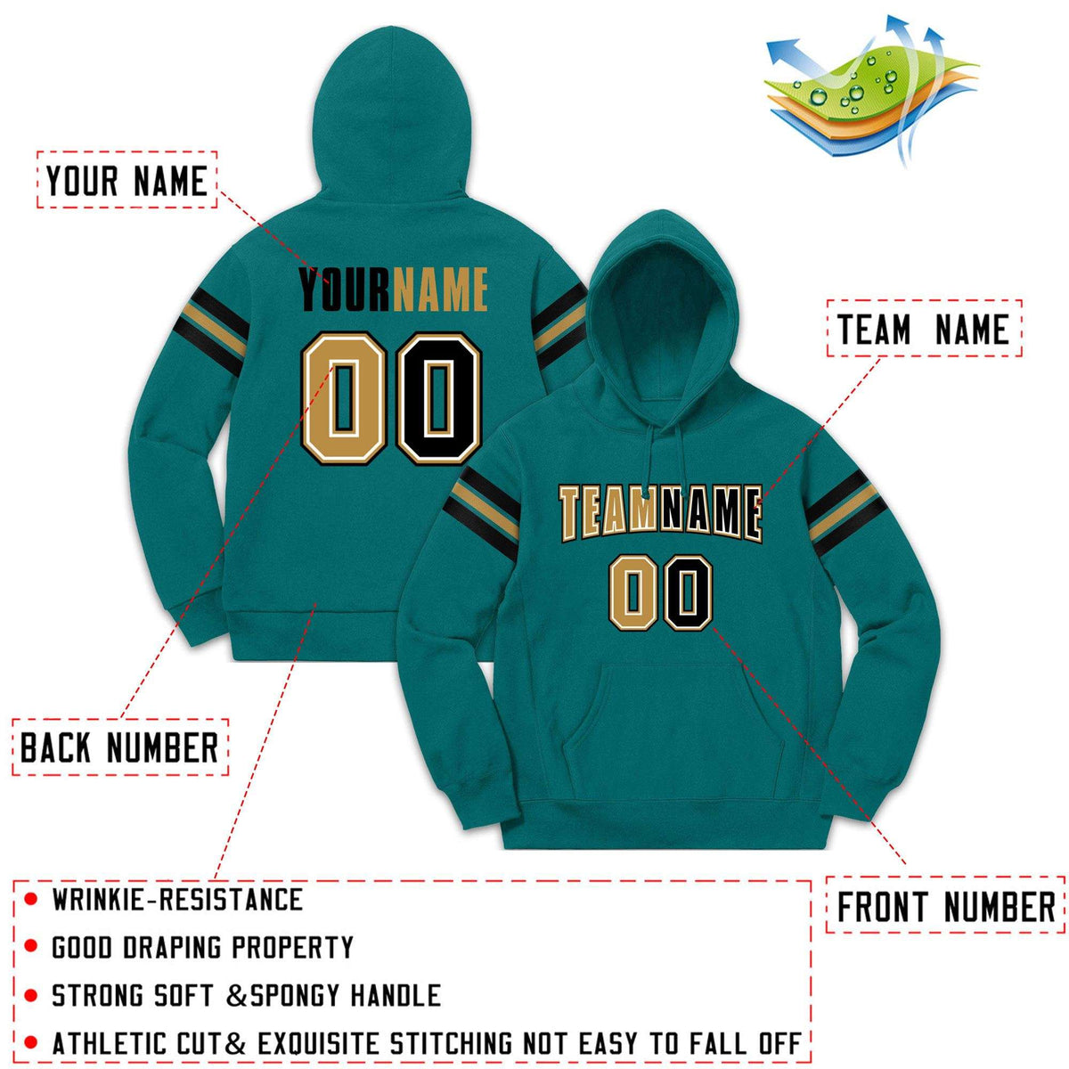 Custom Stitched Aqua Black-Old Gold Cotton Pullover Sweatshirt Hoodie