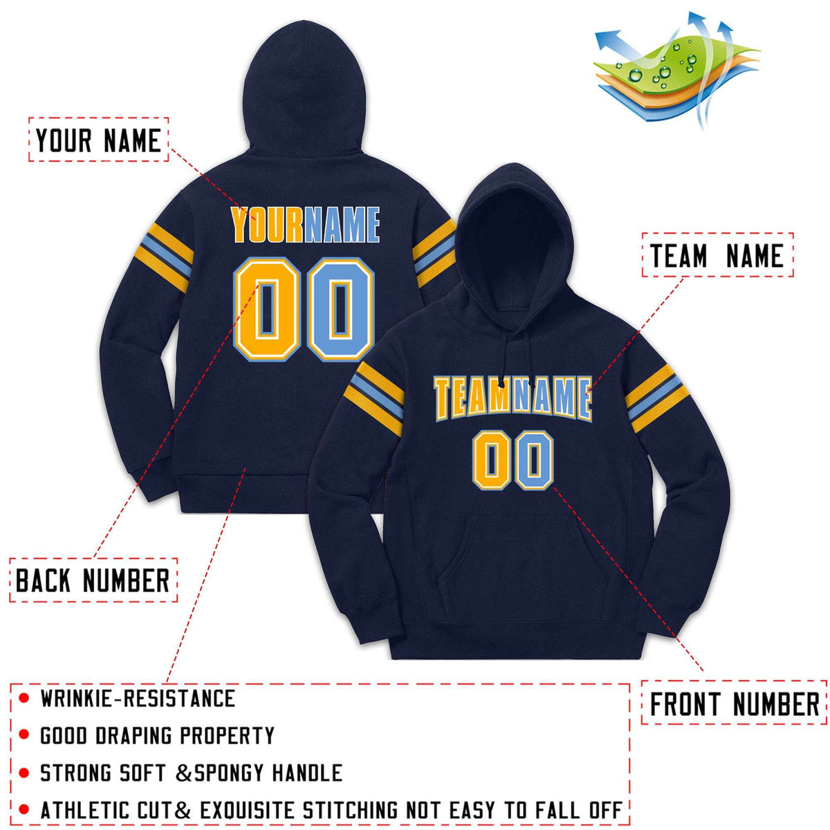 Custom Stitched Navy Yellow-Light Blue Cotton Pullover Sweatshirt Hoodie