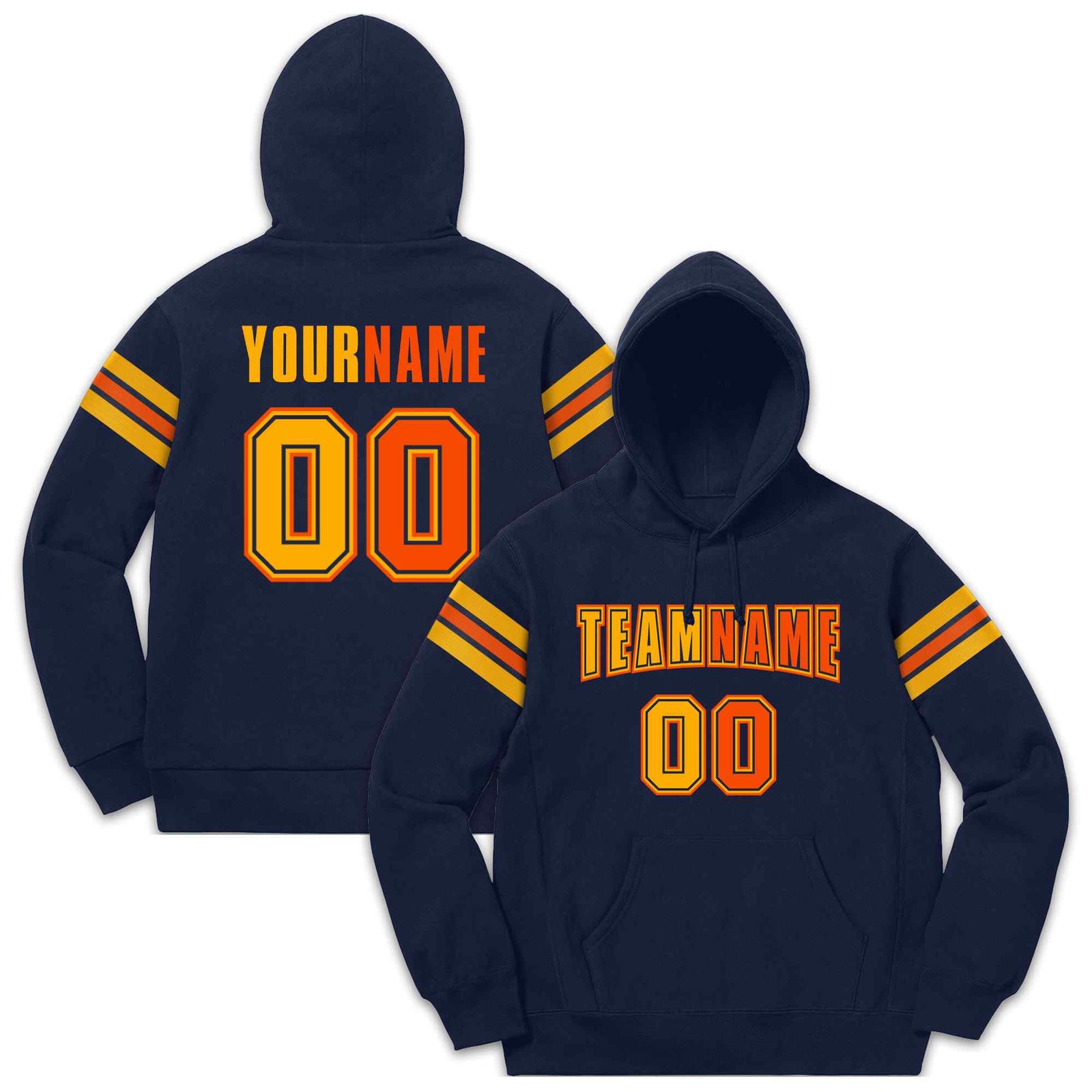 Custom Stitched Navy Yellow-Orange Cotton Pullover Sweatshirt Hoodie