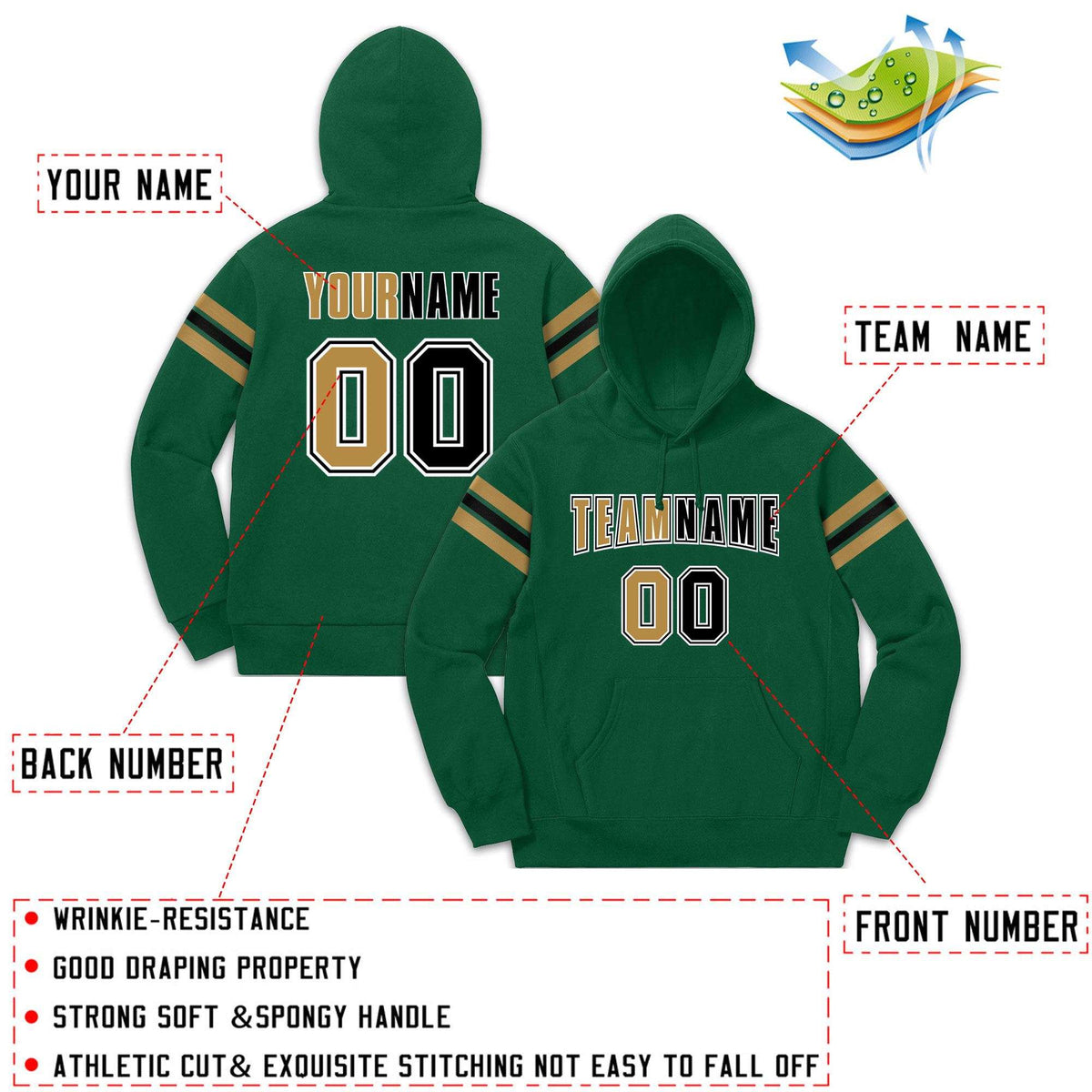 Custom Stitched Green Old Gold-Black Cotton Pullover Sweatshirt Hoodie