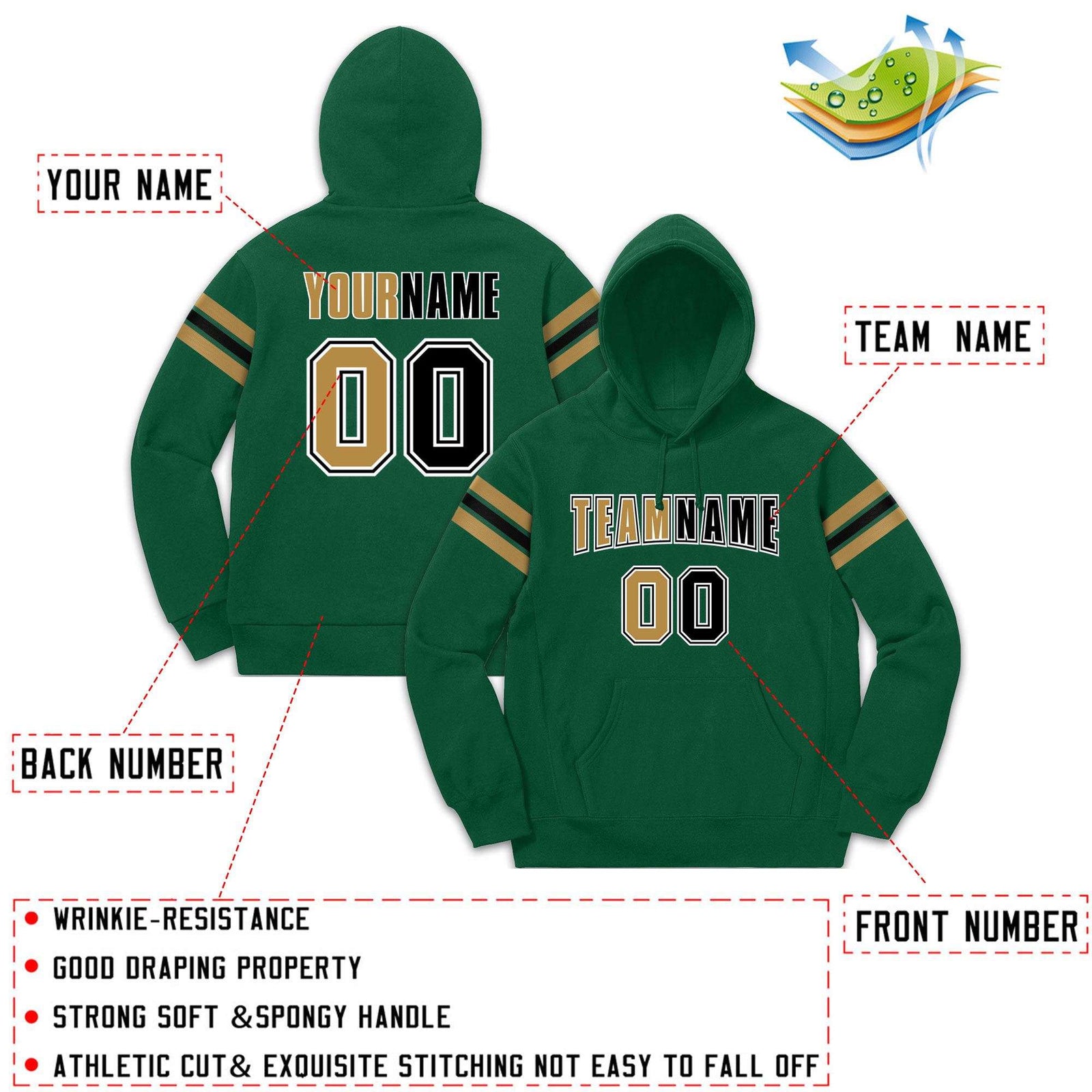 Custom Stitched Green Old Gold-Black Cotton Pullover Sweatshirt Hoodie