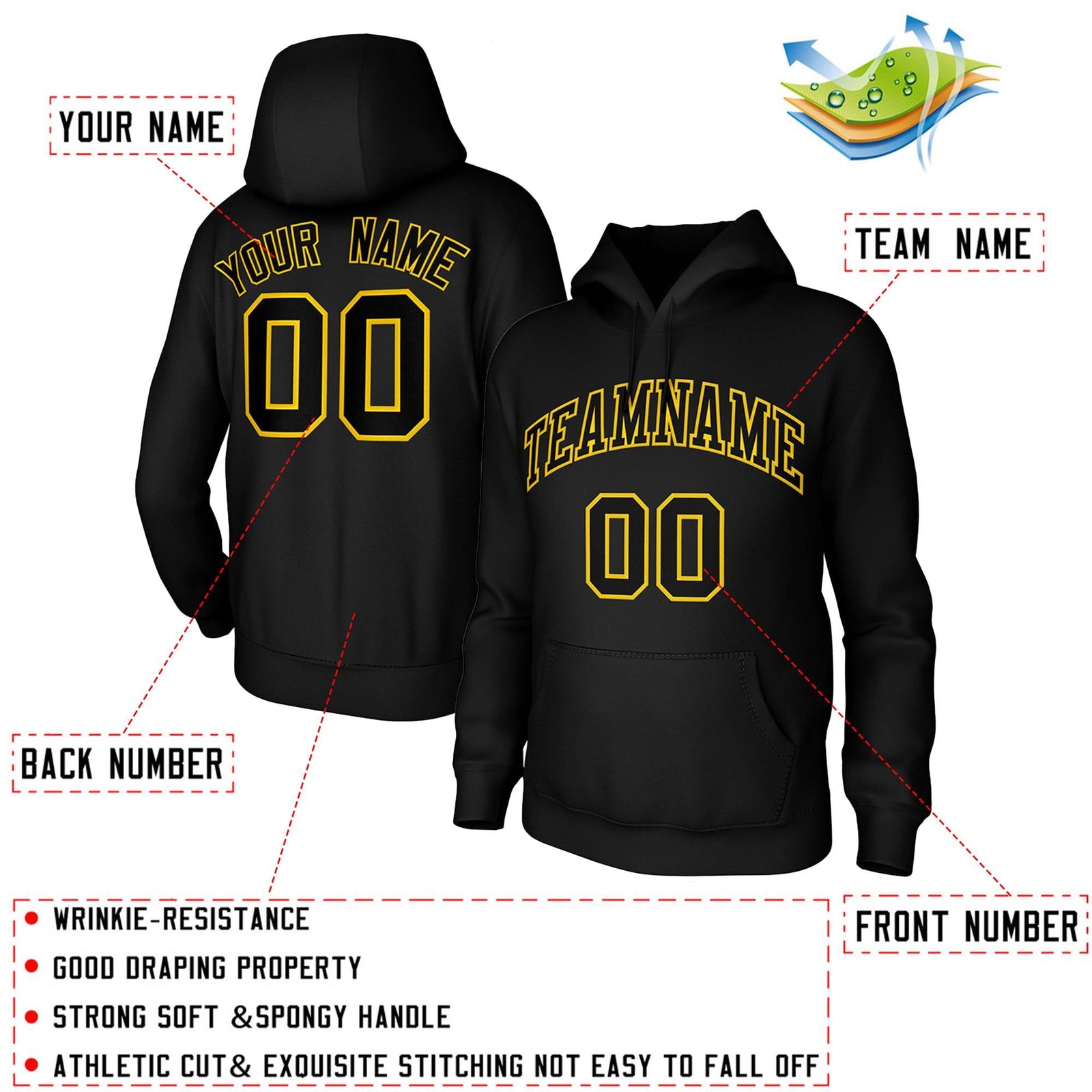Custom Black Yellow Classic Style Training Uniform Pullover Hoodie