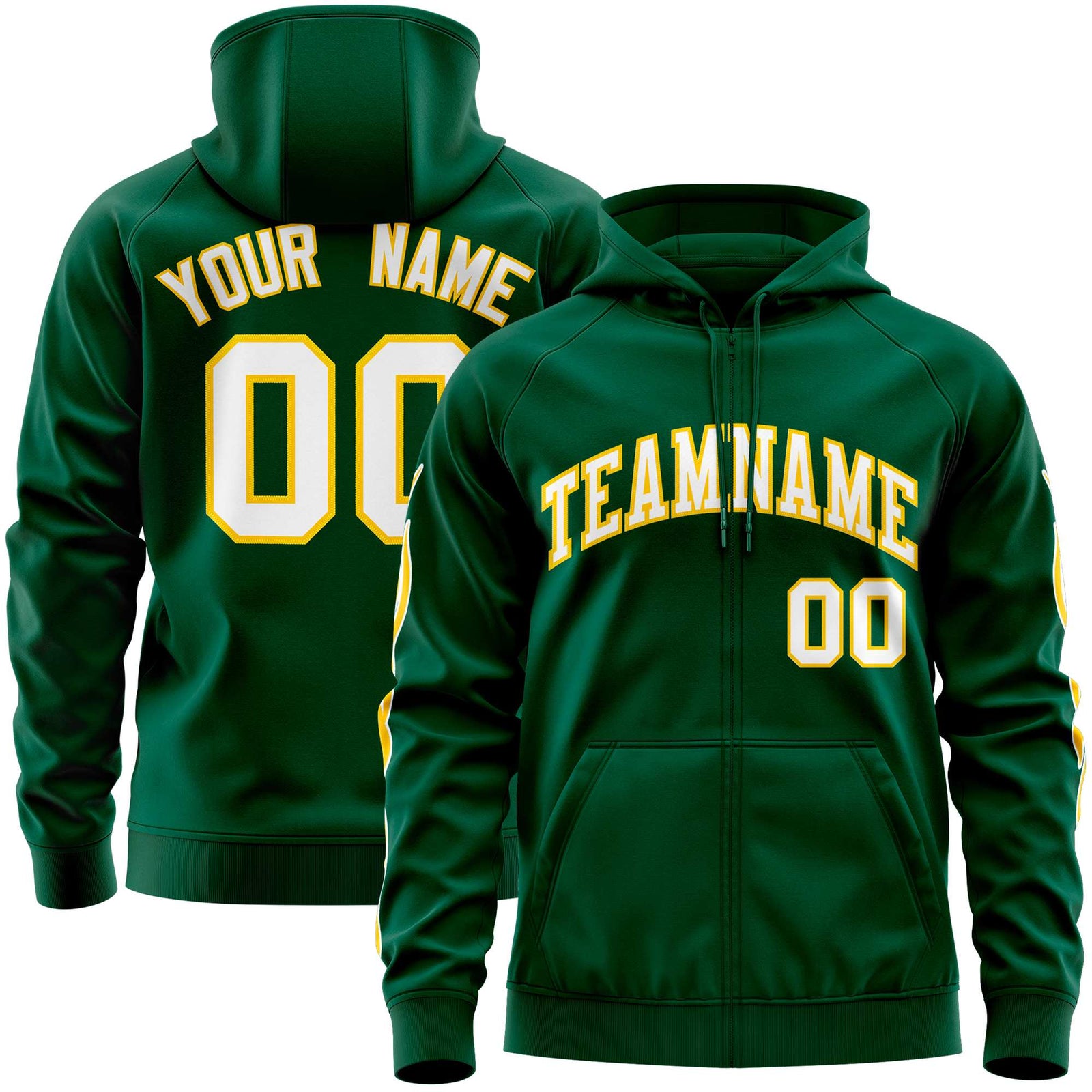 Custom Stitched Green White Sports Full-Zip Sweatshirt Hoodie with Flame