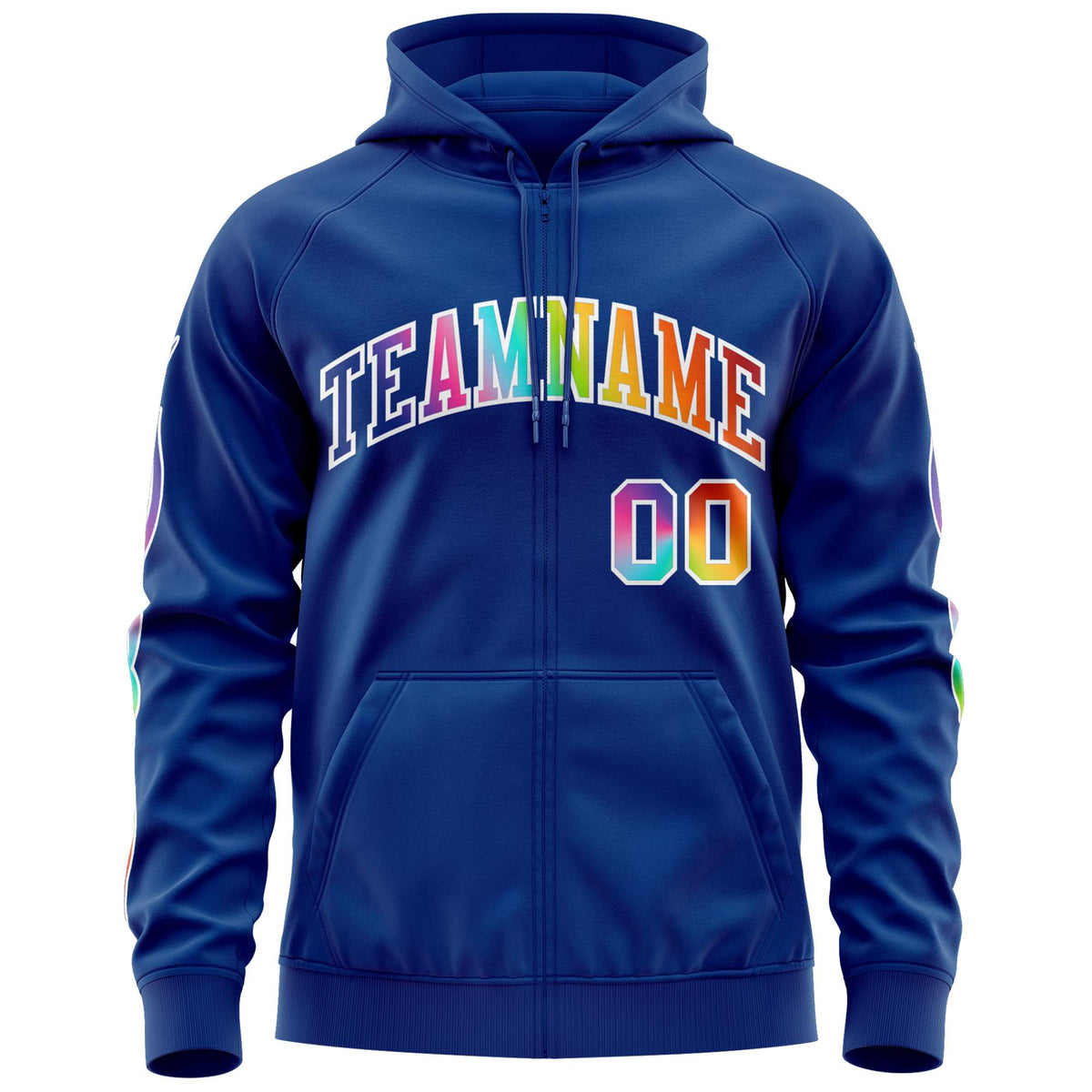Custom Stitched Royal White Sports Full-Zip Sweatshirt Hoodie with Colored Flames