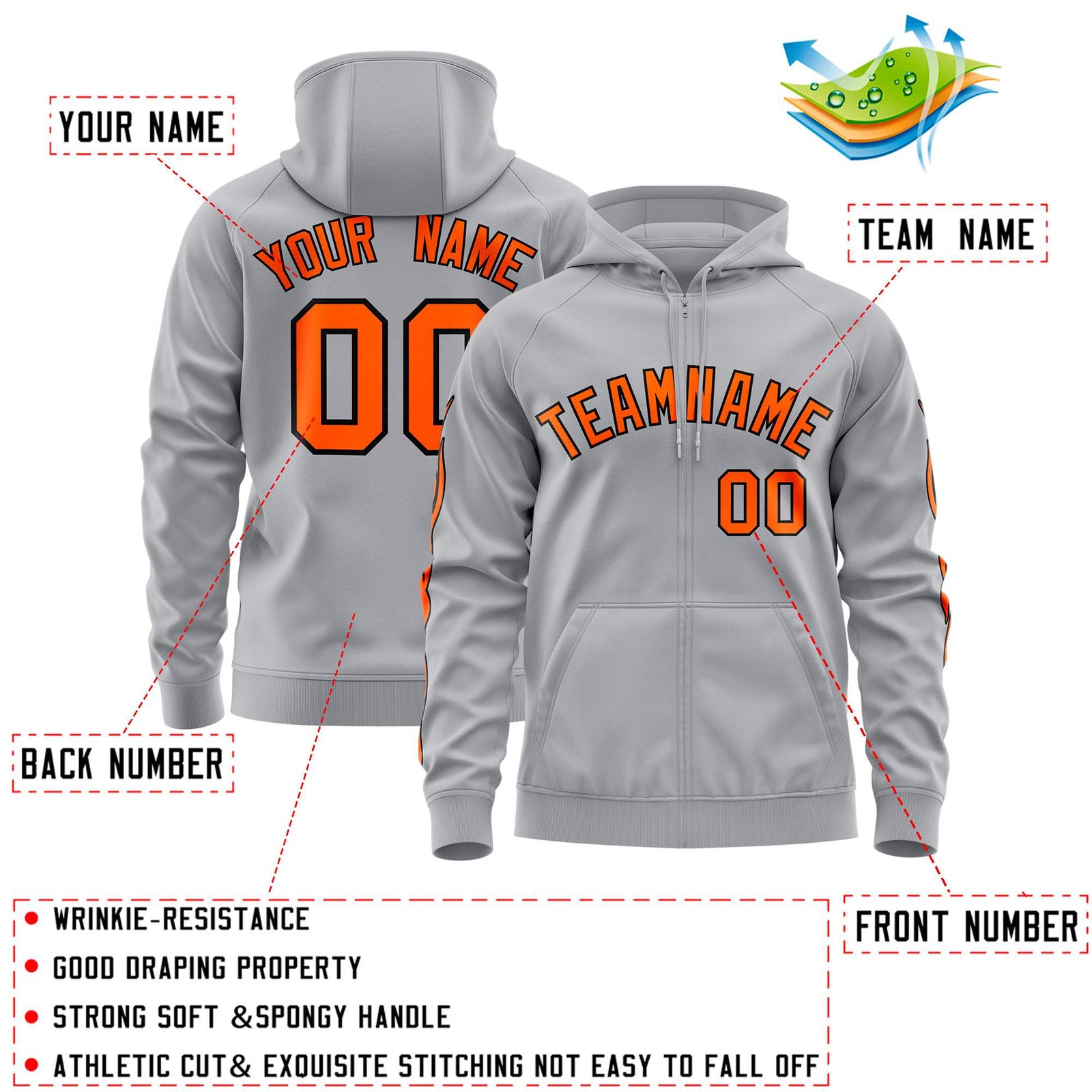 Custom Stitched Gray Orange Sports Full-Zip Sweatshirt Hoodie with Flame