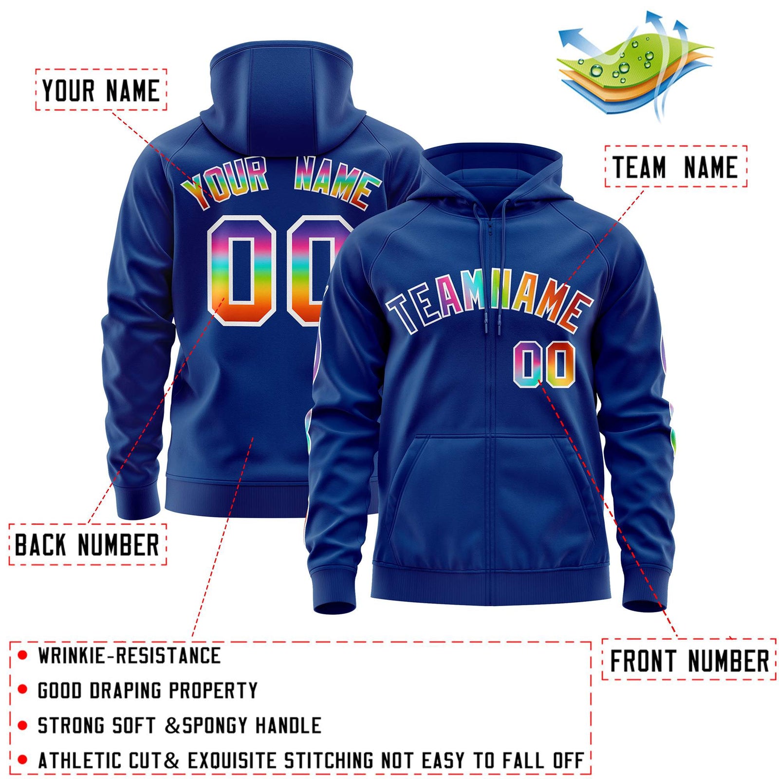 Custom Stitched Royal White Sports Full-Zip Sweatshirt Hoodie with Colored Flames
