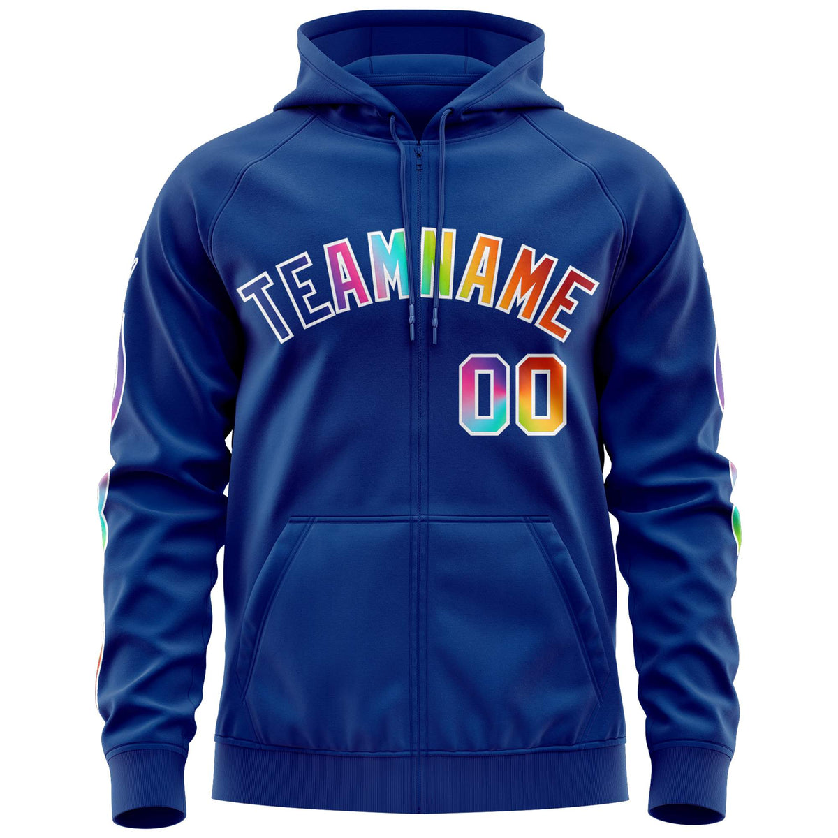 Custom Stitched Royal White Sports Full-Zip Sweatshirt Hoodie with Colored Flames