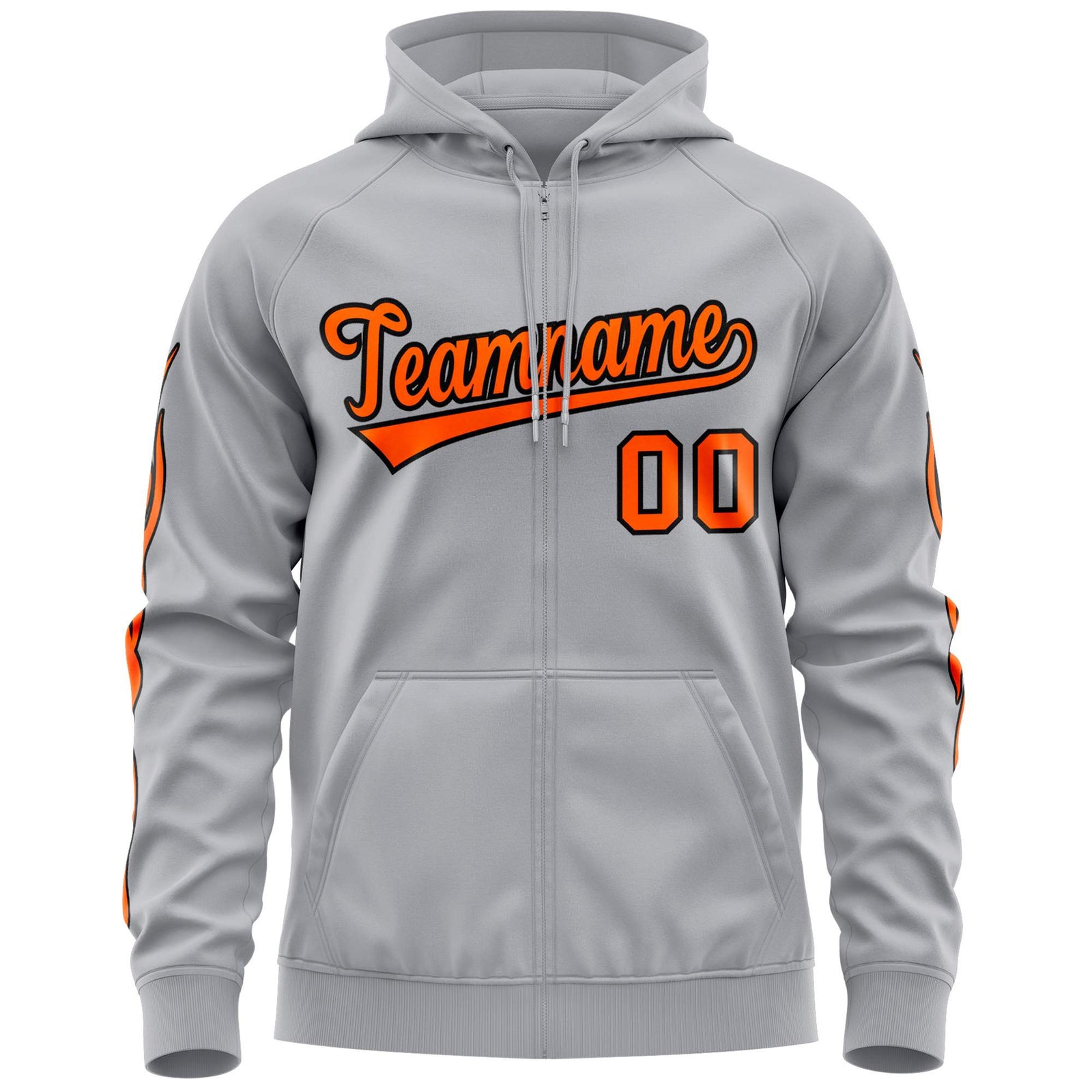 Custom Stitched Gray Orange Sports Full-Zip Sweatshirt Hoodie with Flame