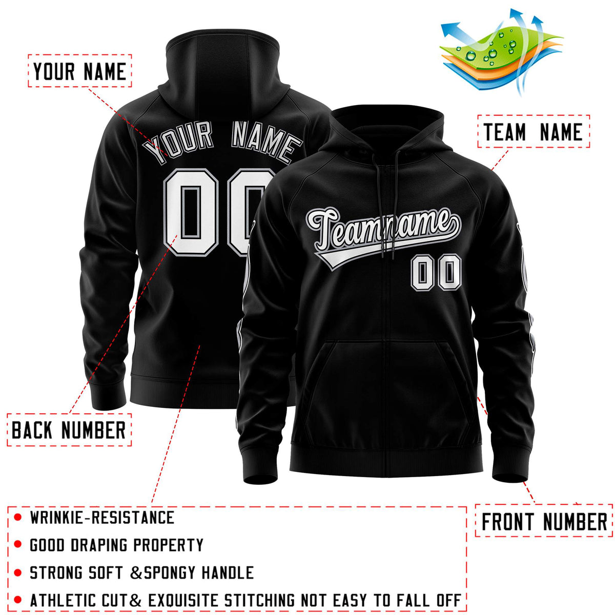 Custom Stitched Black White Sports Full-Zip Sweatshirt Hoodie with Flame
