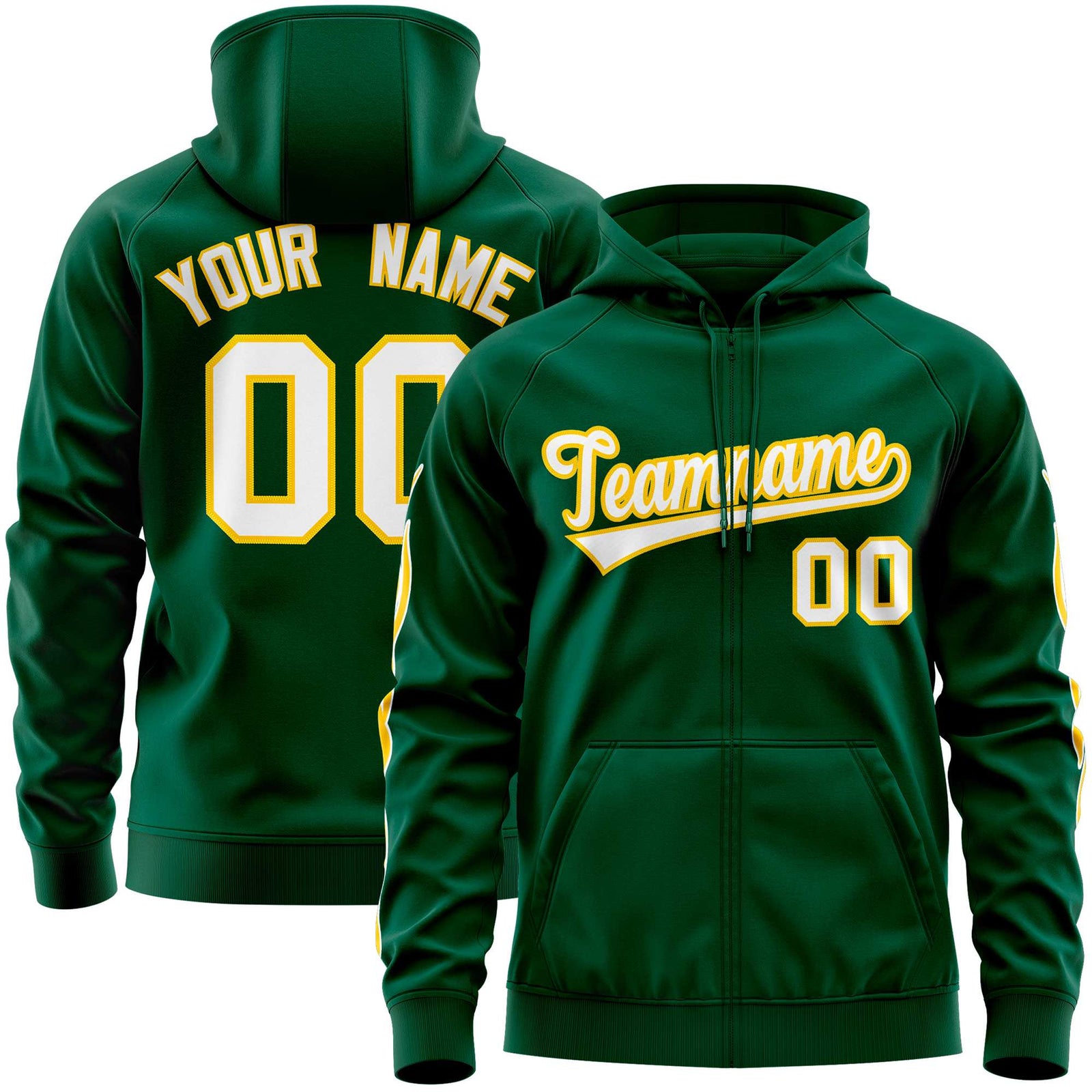 Custom Stitched Green White Sports Full-Zip Sweatshirt Hoodie with Flame