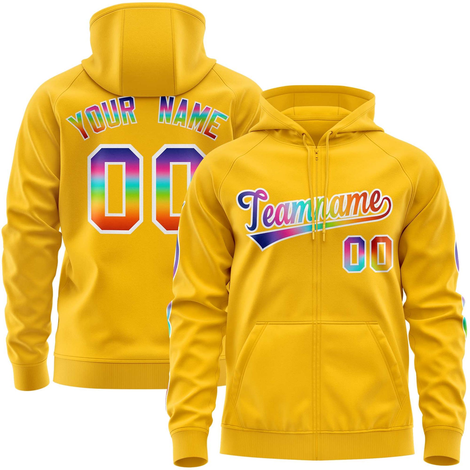 Custom Stitched Gold White Sports Full-Zip Sweatshirt Hoodie with Colored Flames