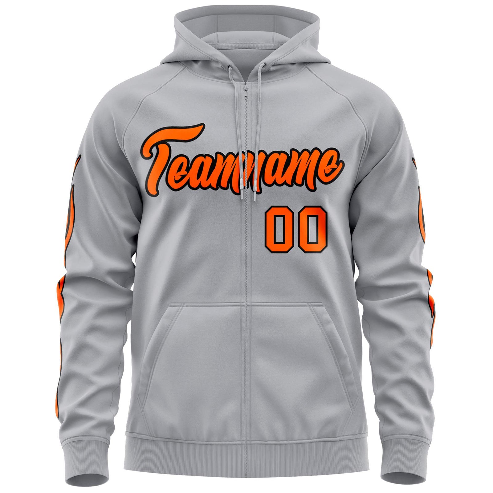 Custom Stitched Gray Orange Sports Full-Zip Sweatshirt Hoodie with Flame