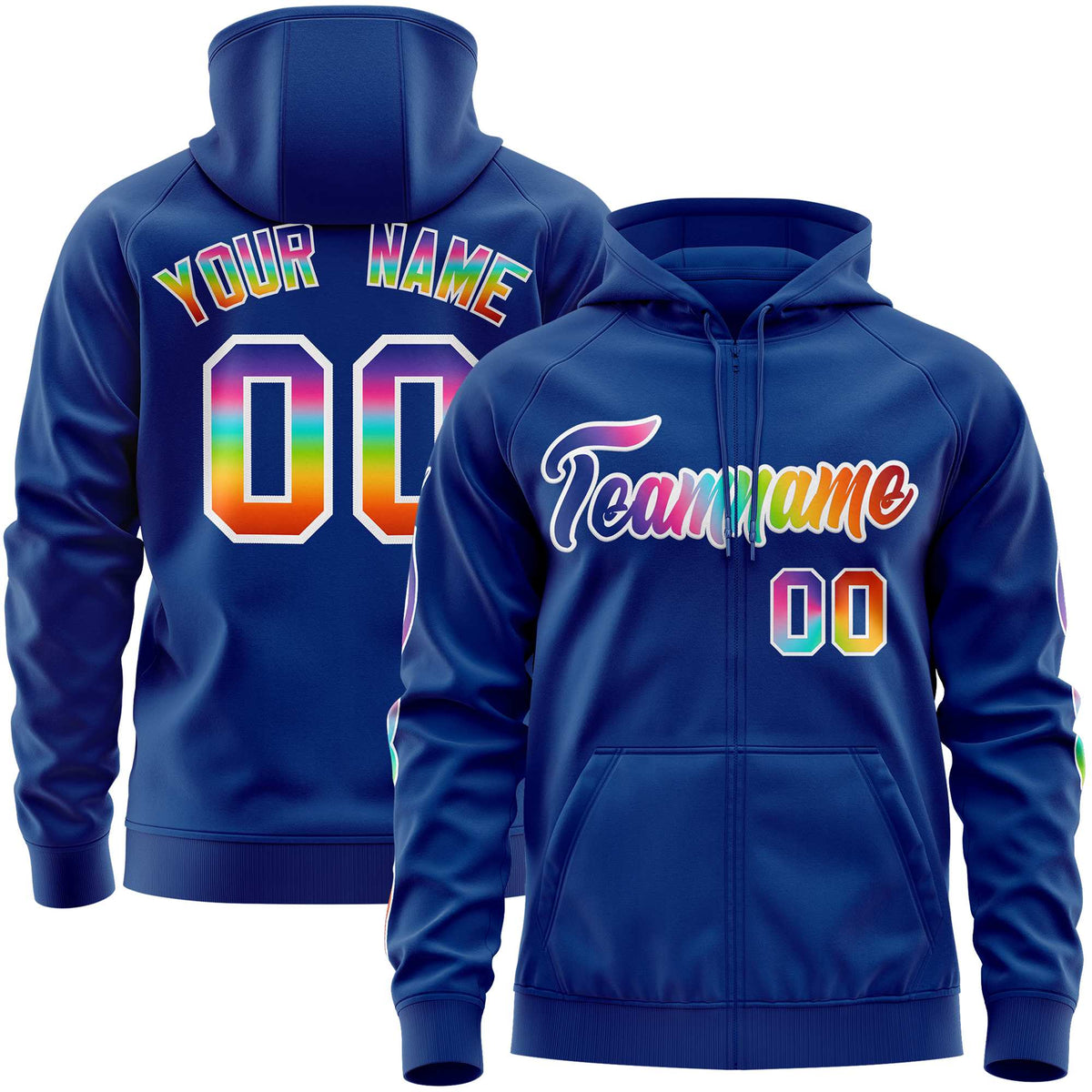 Custom Stitched Royal White Sports Full-Zip Sweatshirt Hoodie with Colored Flames