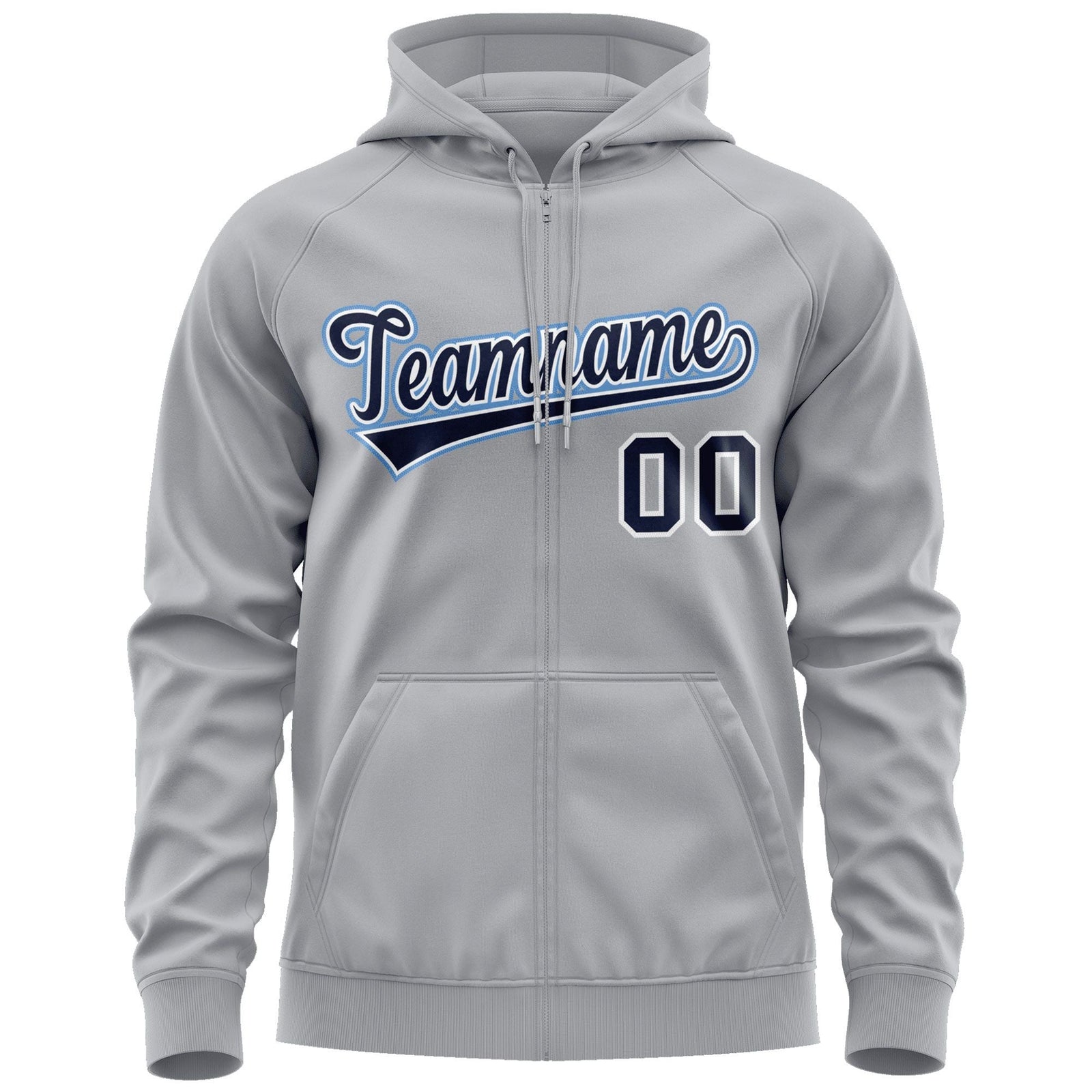 Custom Stitched Gray Navy-Light Blue Sports Full-Zip Sweatshirt Hoodie