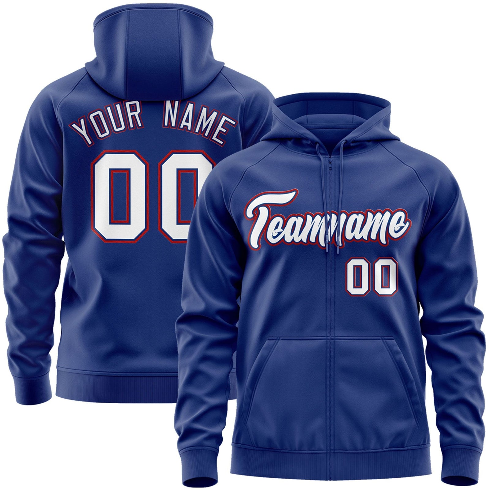 Custom Stitched Royal White-Red Sports Full-Zip Sweatshirt Hoodie