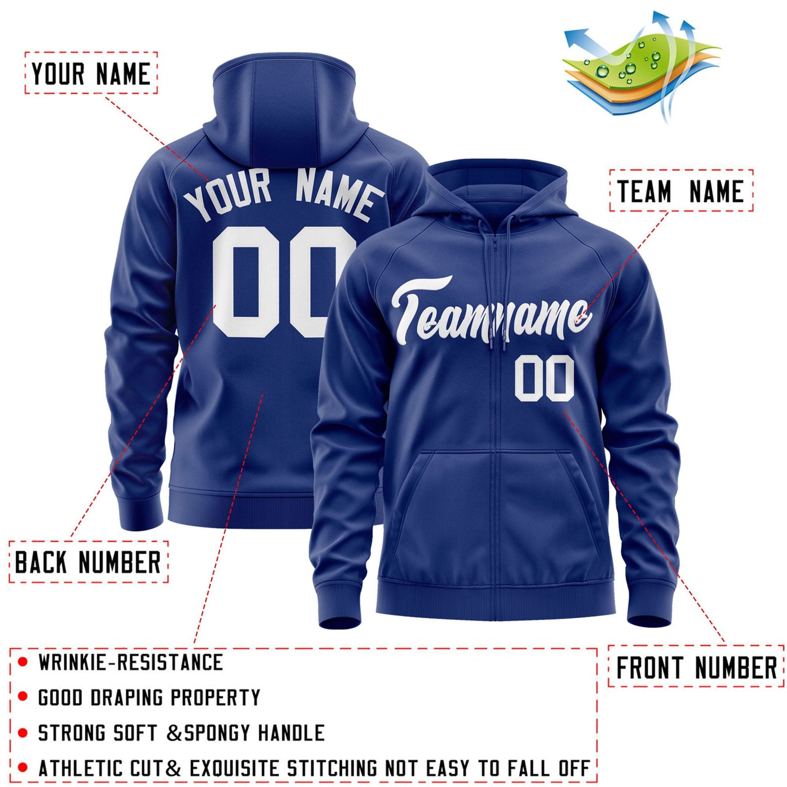 Custom Stitched Royal White Sports Full-Zip Sweatshirt Hoodie