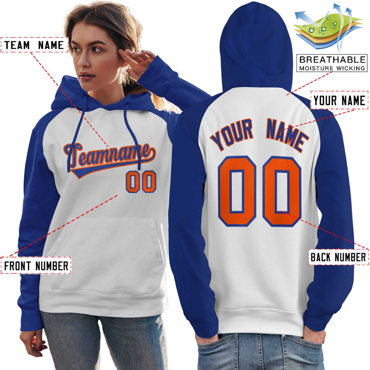 Custom Stitched White Royal Raglan Sleeves Sports Pullover Sweatshirt Hoodie For Women