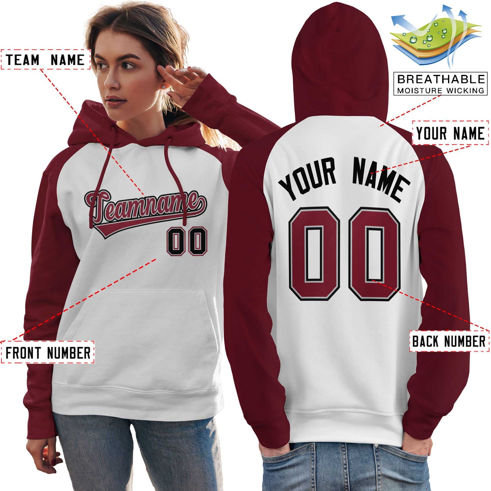 Custom Stitched White Crimson Raglan Sleeves Sports Pullover Sweatshirt Hoodie For Women