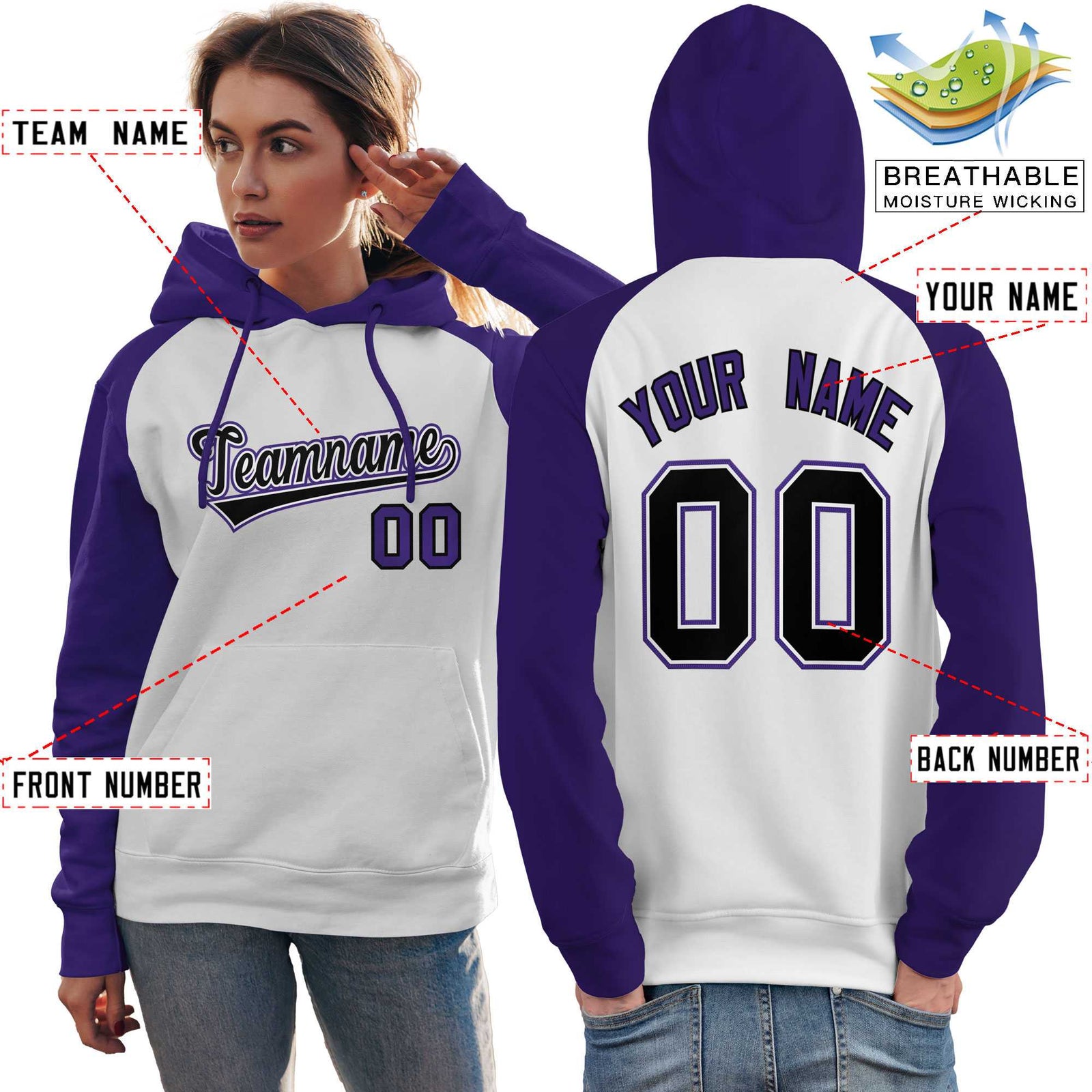 Custom Stitched White Purple-Black Raglan Sleeves Sports Pullover Sweatshirt Hoodie For Women