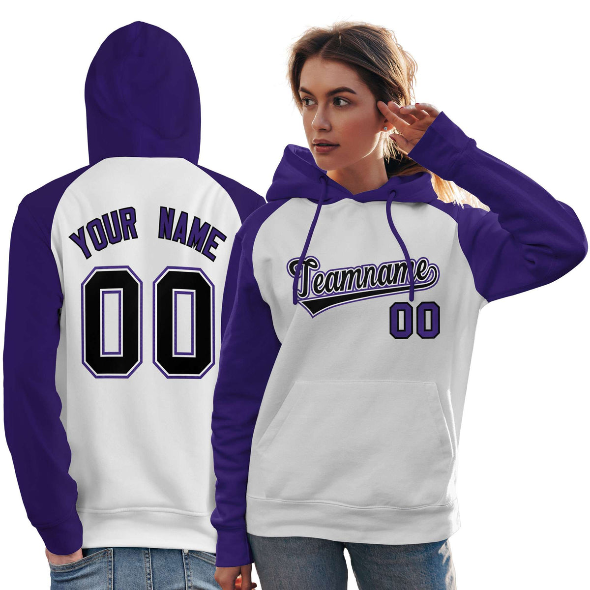 Custom Stitched White Purple-Black Raglan Sleeves Sports Pullover Sweatshirt Hoodie For Women