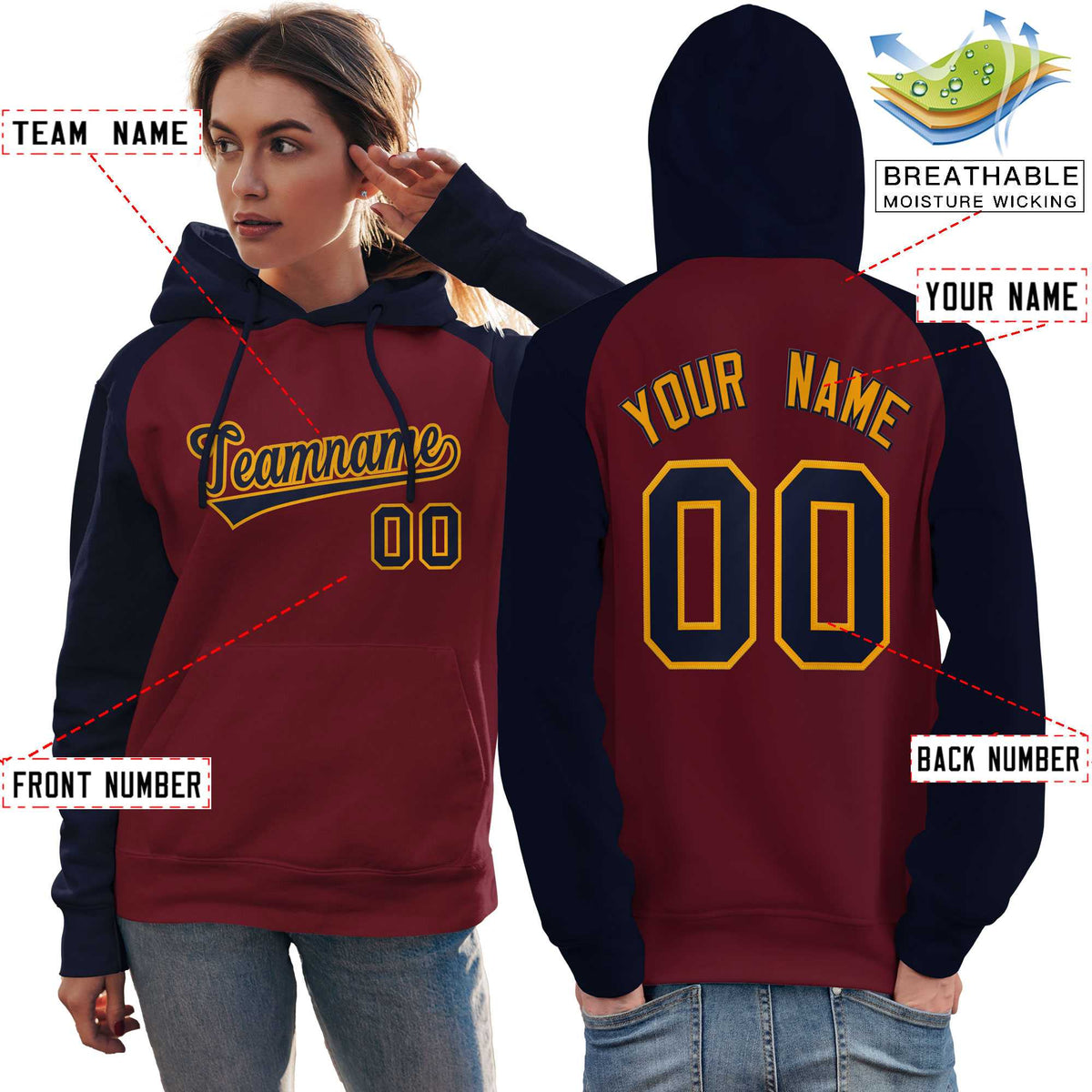 Custom Stitched Crimson Navy Raglan Sleeves Sports Pullover Sweatshirt Hoodie For Women