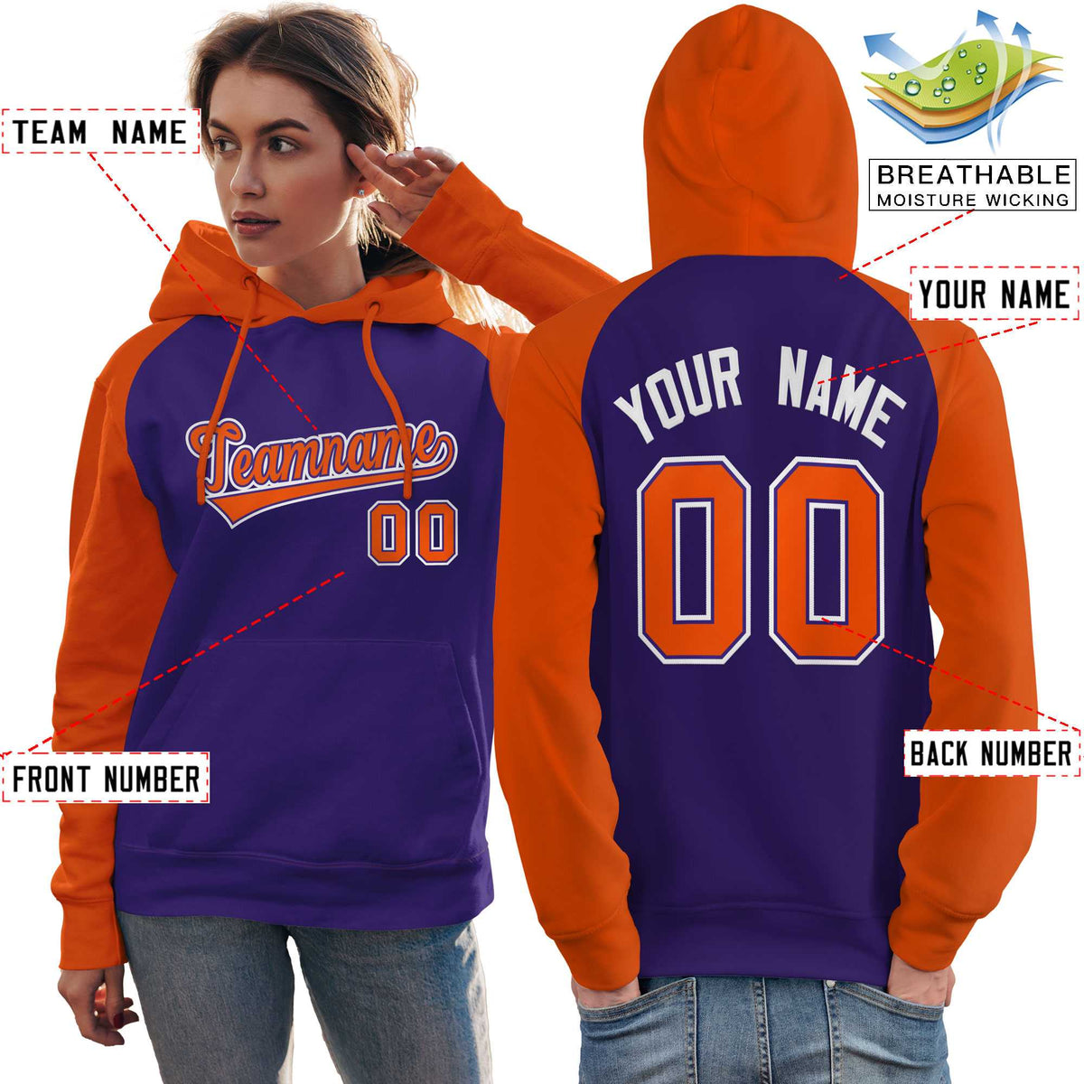 Custom Stitched Purple Orange Raglan Sleeves Sports Pullover Sweatshirt Hoodie For Women