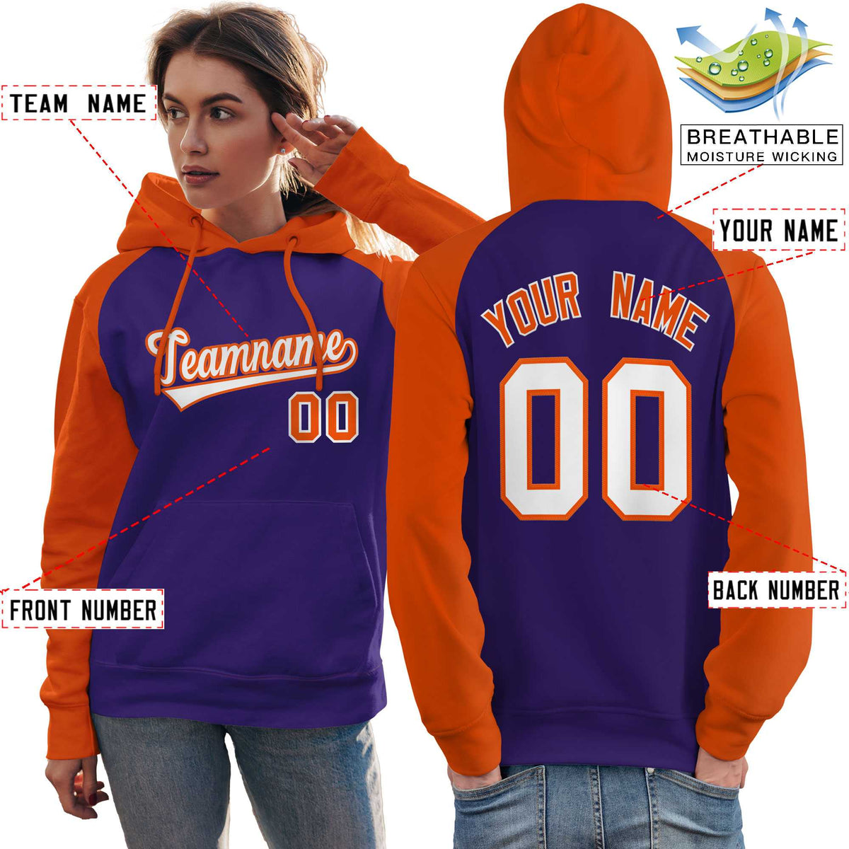 Custom Stitched Purple Orange-White Raglan Sleeves Sports Pullover Sweatshirt Hoodie For Women