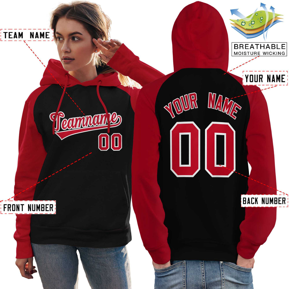 Custom Stitched Black Red Raglan Sleeves Sports Pullover Sweatshirt Hoodie For Women