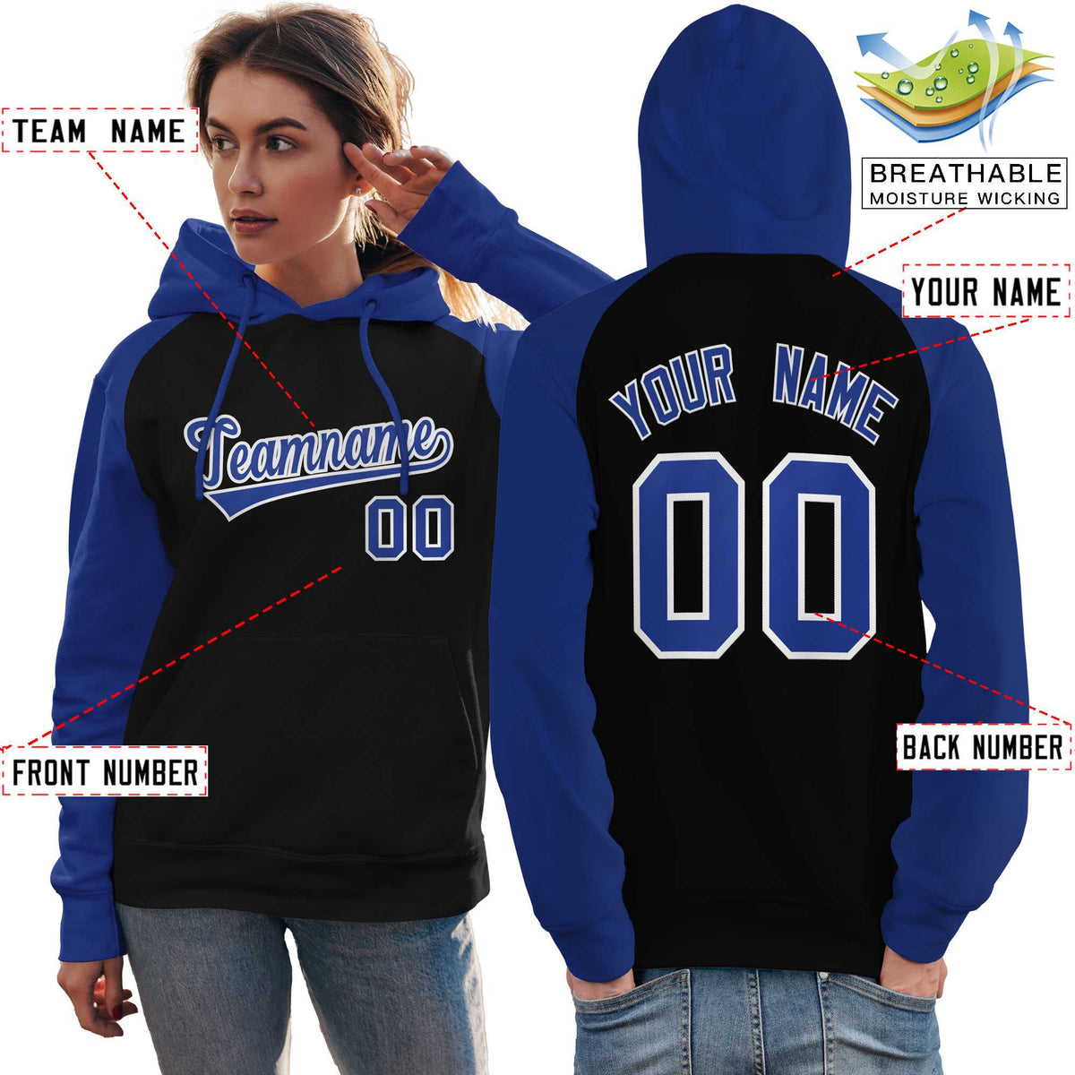 Custom Stitched Black Royal Raglan Sleeves Sports Pullover Sweatshirt Hoodie For Women