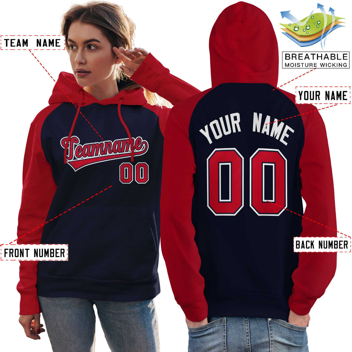 Custom Stitched Navy Red Raglan Sleeves Sports Pullover Sweatshirt Hoodie For Women
