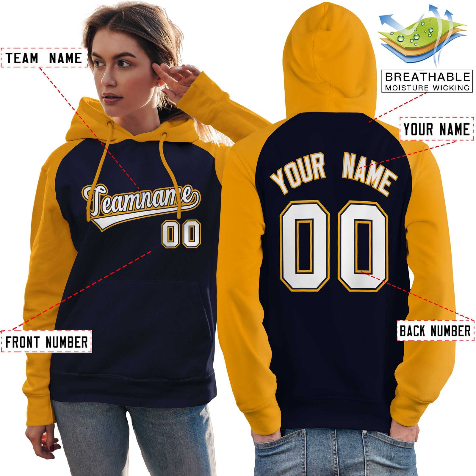 Custom Stitched Navy Gold-White Raglan Sleeves Sports Pullover Sweatshirt Hoodie For Women