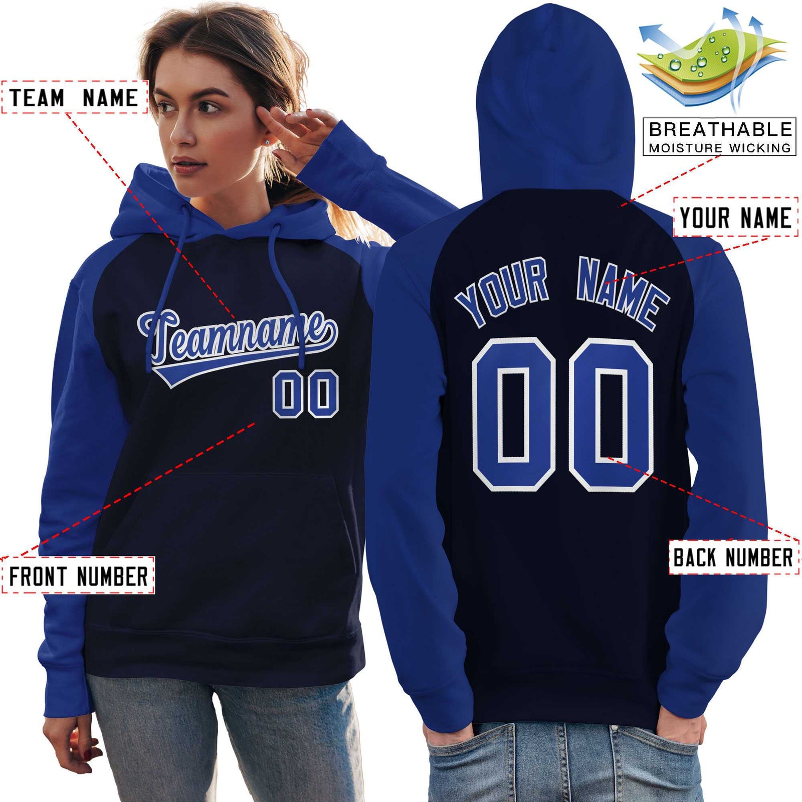 Custom Stitched Navy Royal Raglan Sleeves Sports Pullover Sweatshirt Hoodie For Women