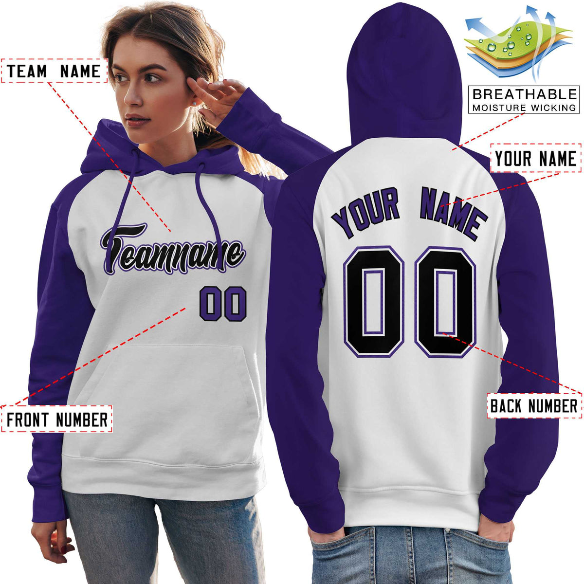 Custom Stitched White Purple-Black Raglan Sleeves Sports Pullover Sweatshirt Hoodie For Women