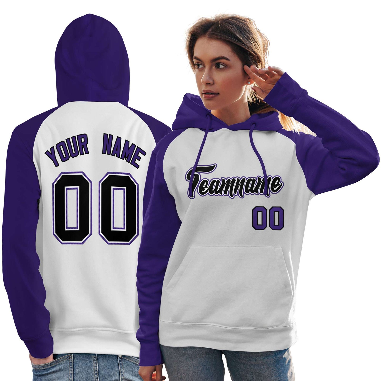 Custom Stitched White Purple-Black Raglan Sleeves Sports Pullover Sweatshirt Hoodie For Women