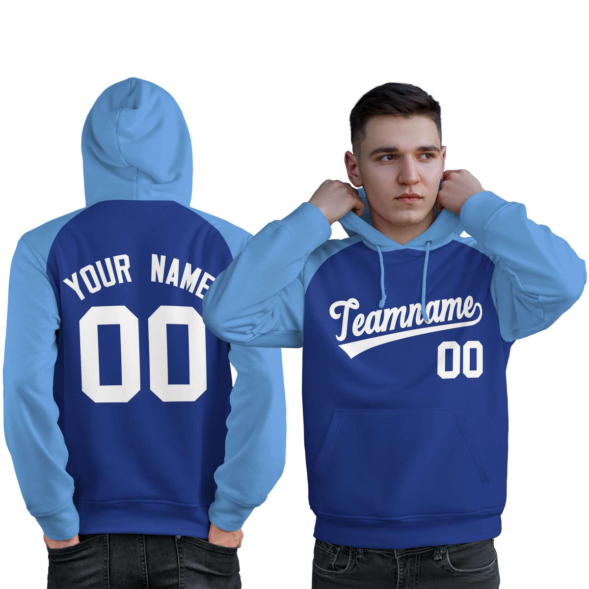 Custom Stitched Royal Powder Blue-White Raglan Sleeves Sports Pullover Sweatshirt Hoodie For Men