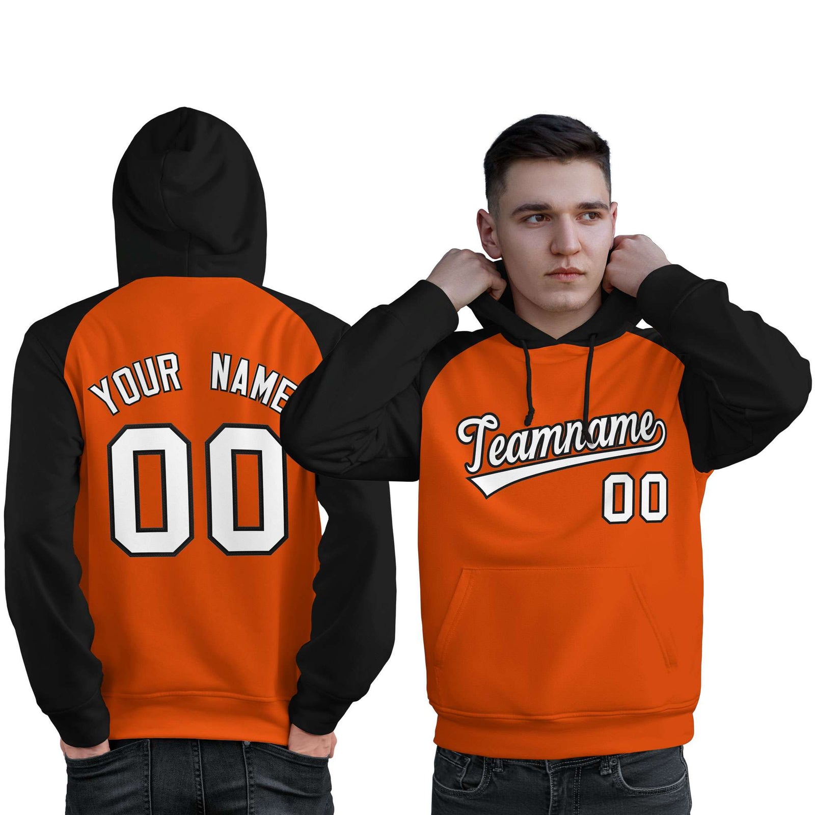 Custom Stitched Orange Black-White Raglan Sleeves Sports Pullover Sweatshirt Hoodie For Men
