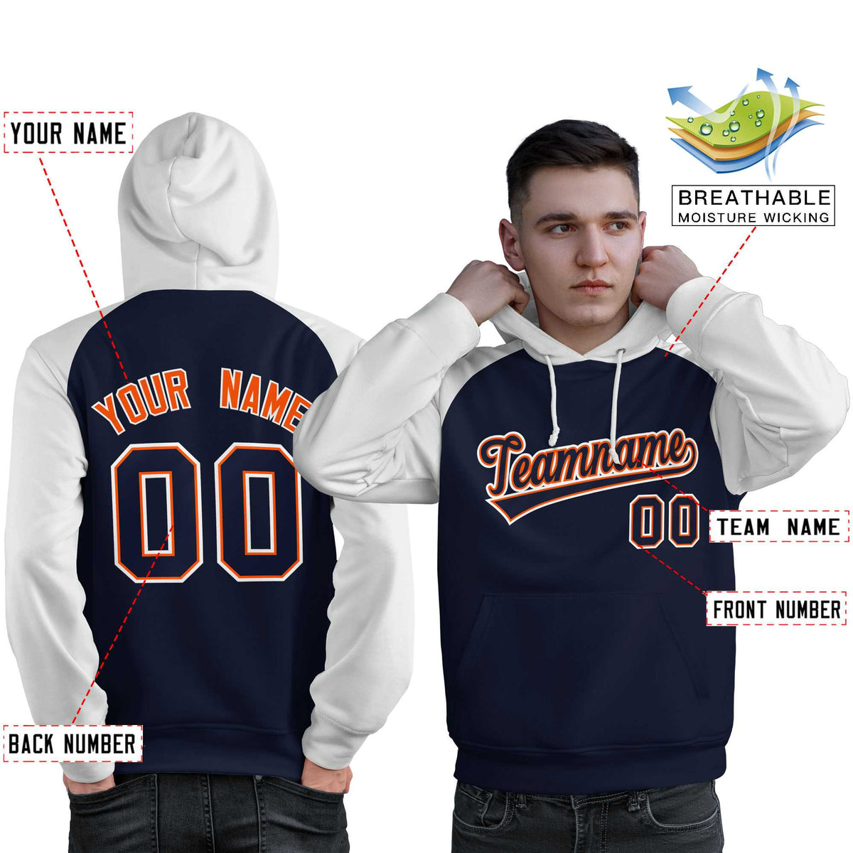 Custom Stitched Navy White Raglan Sleeves Sports Pullover Sweatshirt Hoodie For Men