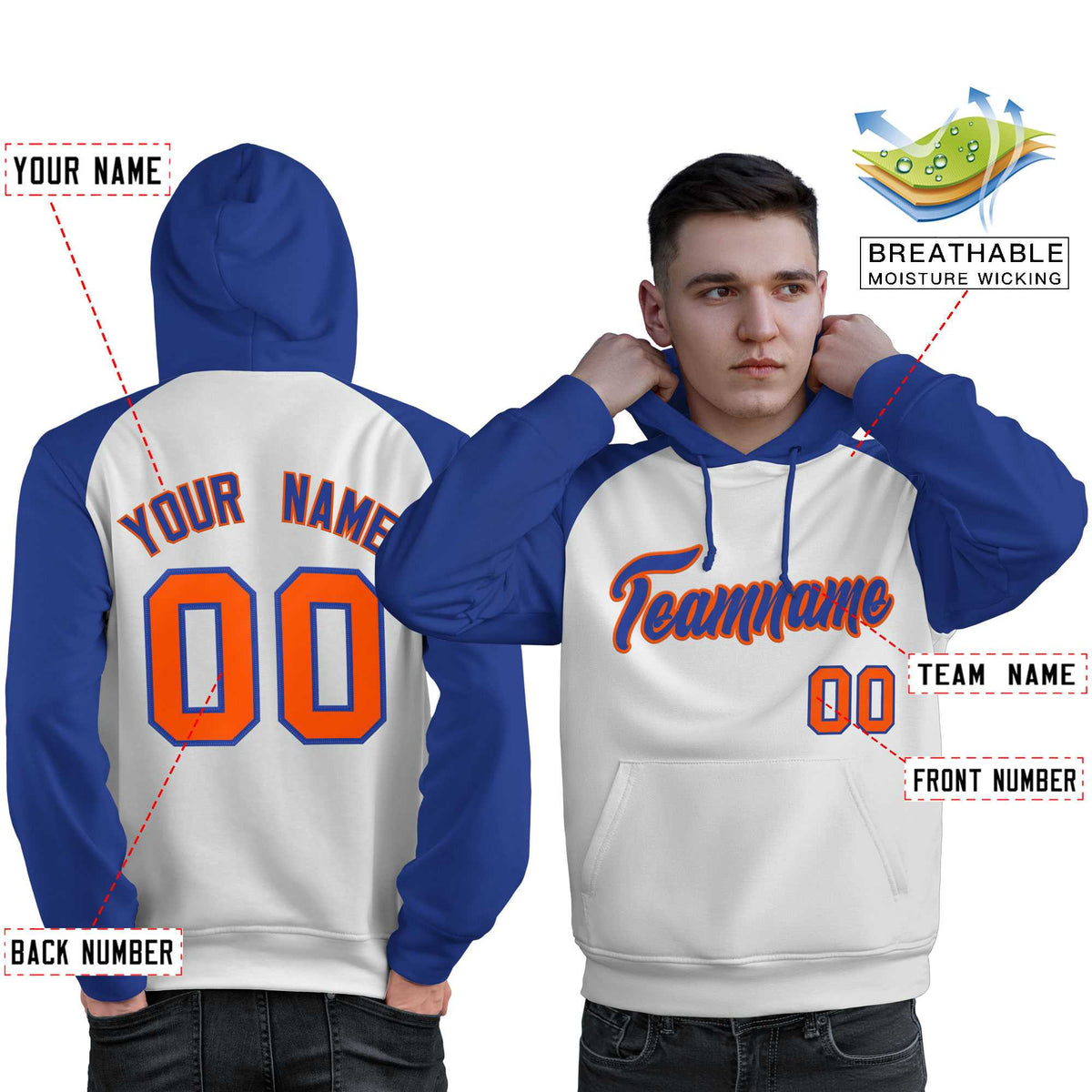 Custom Stitched White Royal Raglan Sleeves Sports Pullover Sweatshirt Hoodie For Men