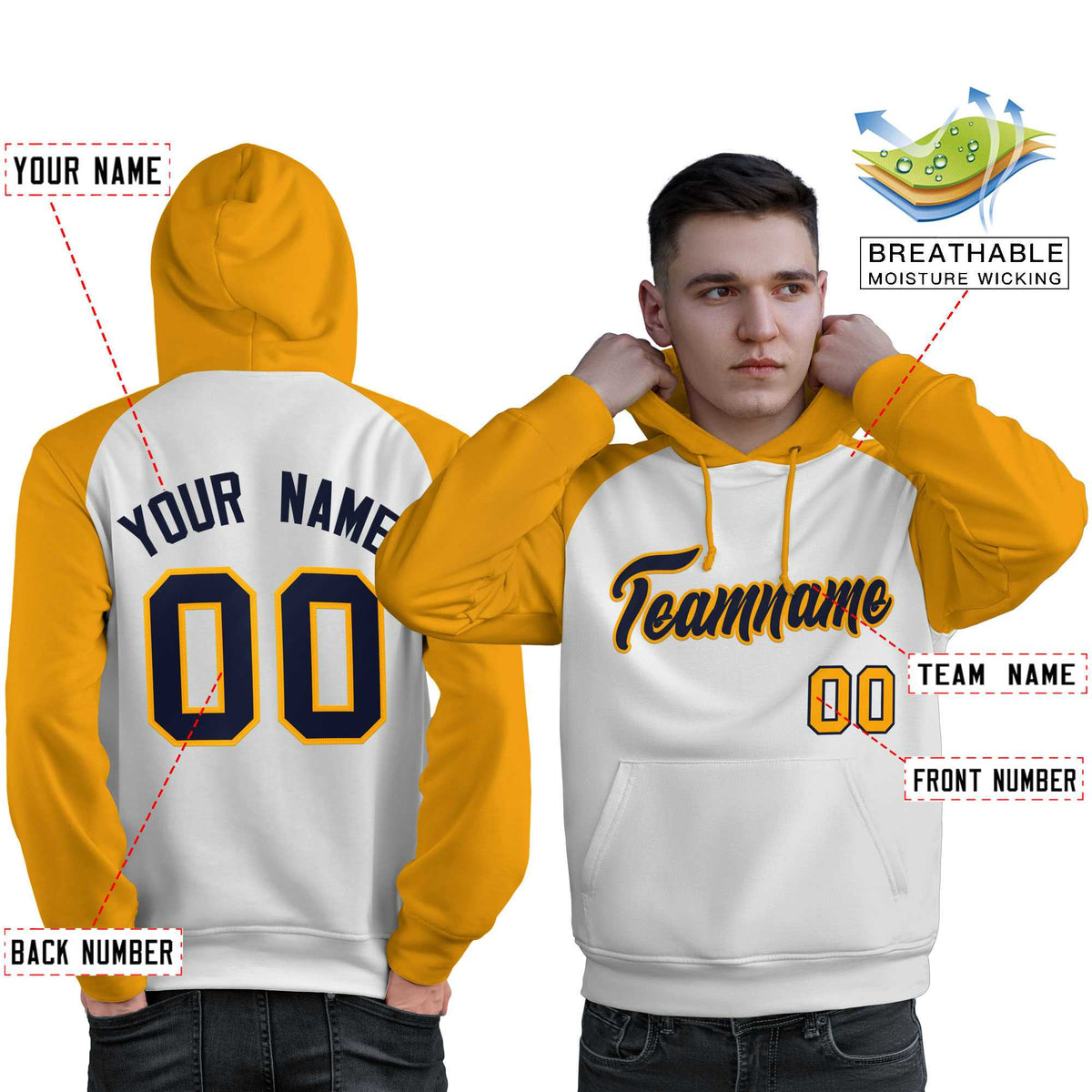 Custom Stitched White Gold-Navy Raglan Sleeves Sports Pullover Sweatshirt Hoodie For Men