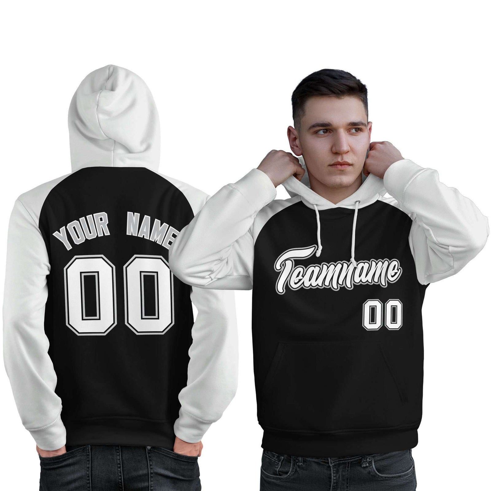 Custom Stitched Black White Raglan Sleeves Sports Pullover Sweatshirt Hoodie For Men