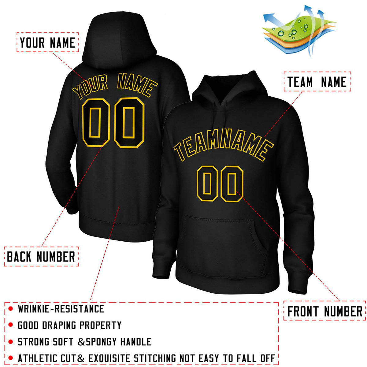 Custom Black Yellow Classic Style Sweatshirts Uniform Pullover Hoodie